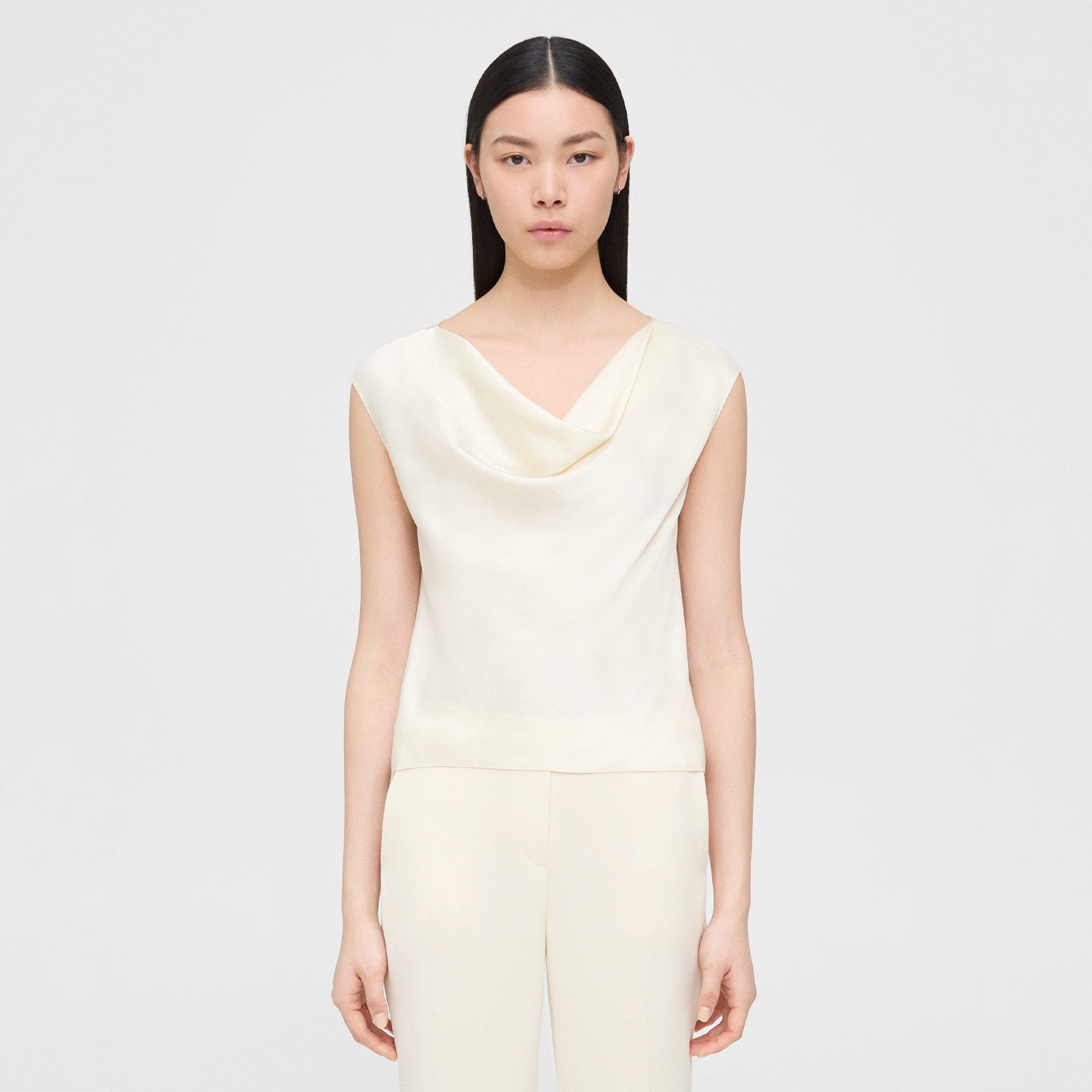Theory Cowl Neck Top In Crushed Satin In Rice