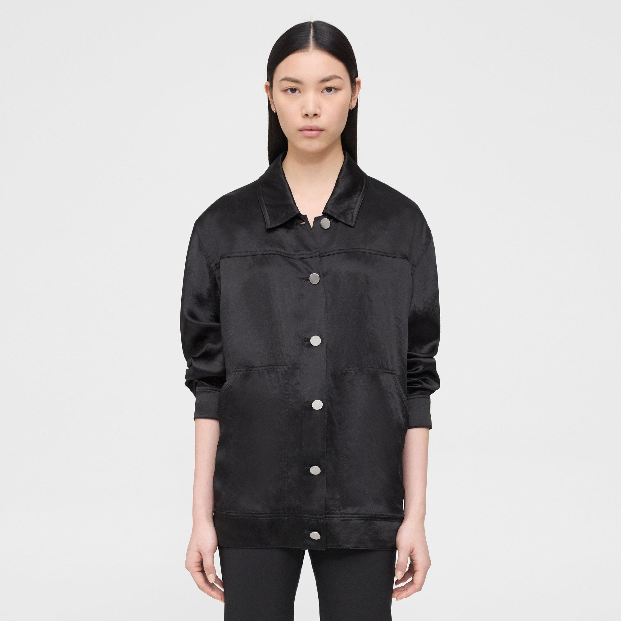 Theory Oversized Trucker Jacket In Textured Satin In Black