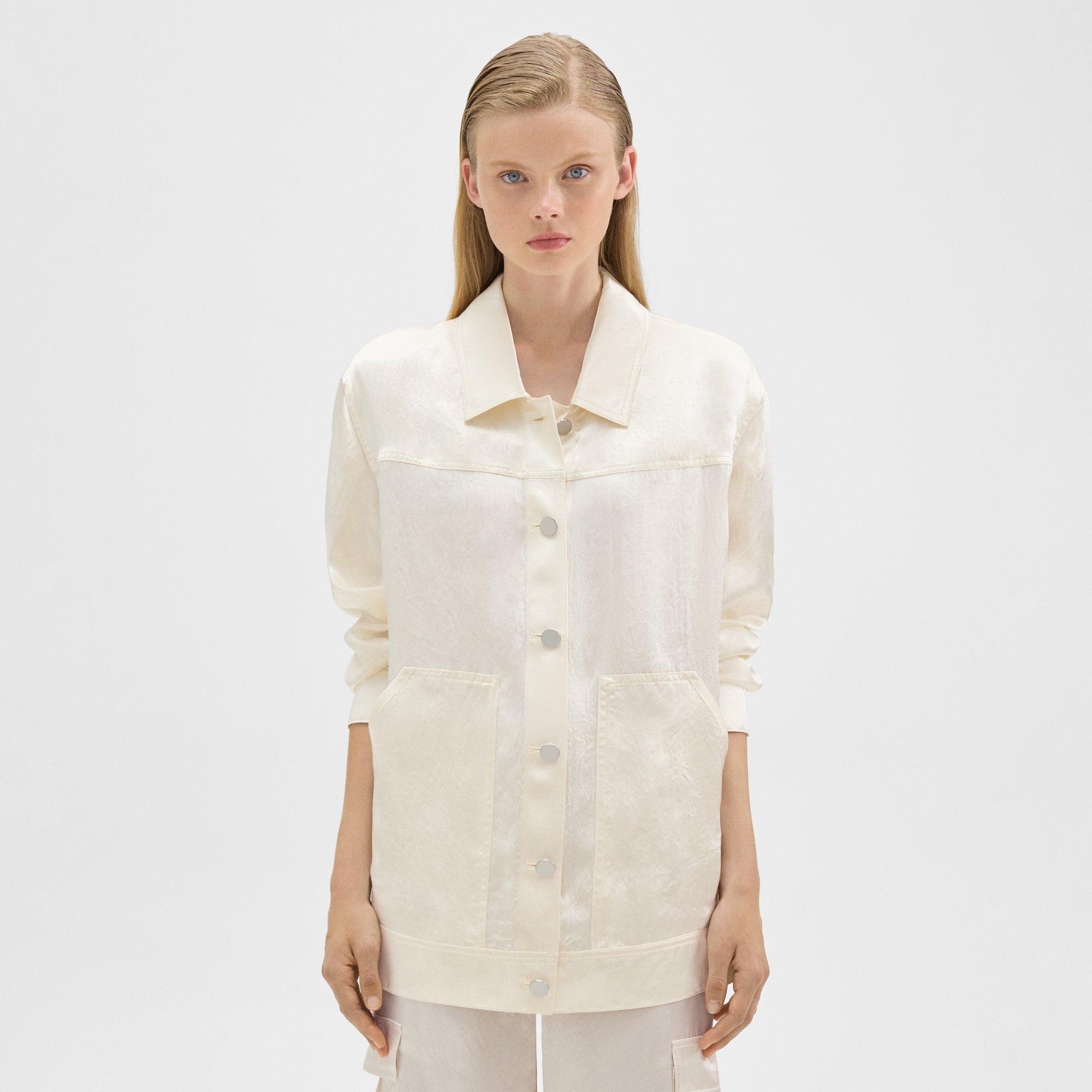 Theory Oversized Trucker Jacket In Textured Satin In Ivory
