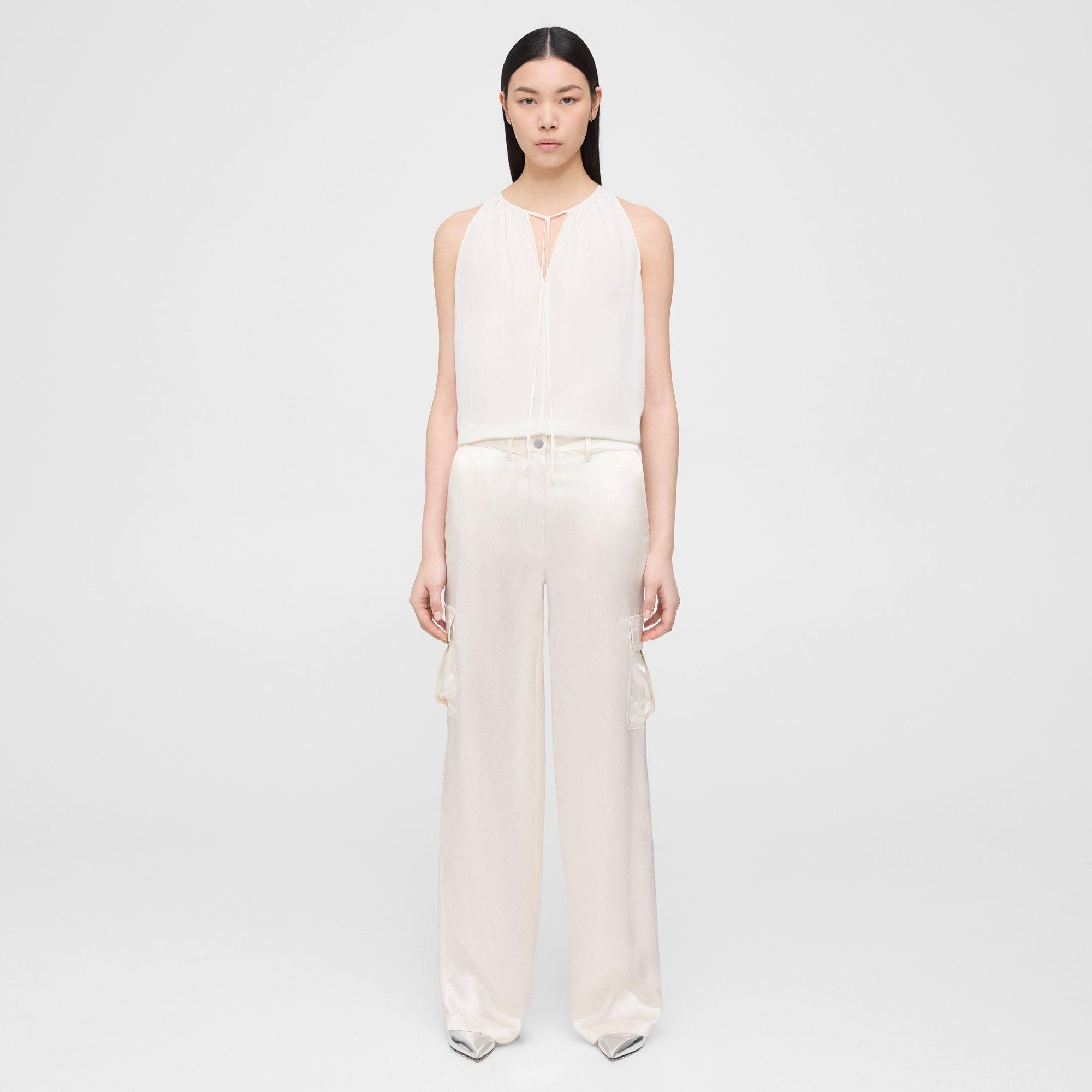 Theory Cargo Pant In Textured Satin In Ivory