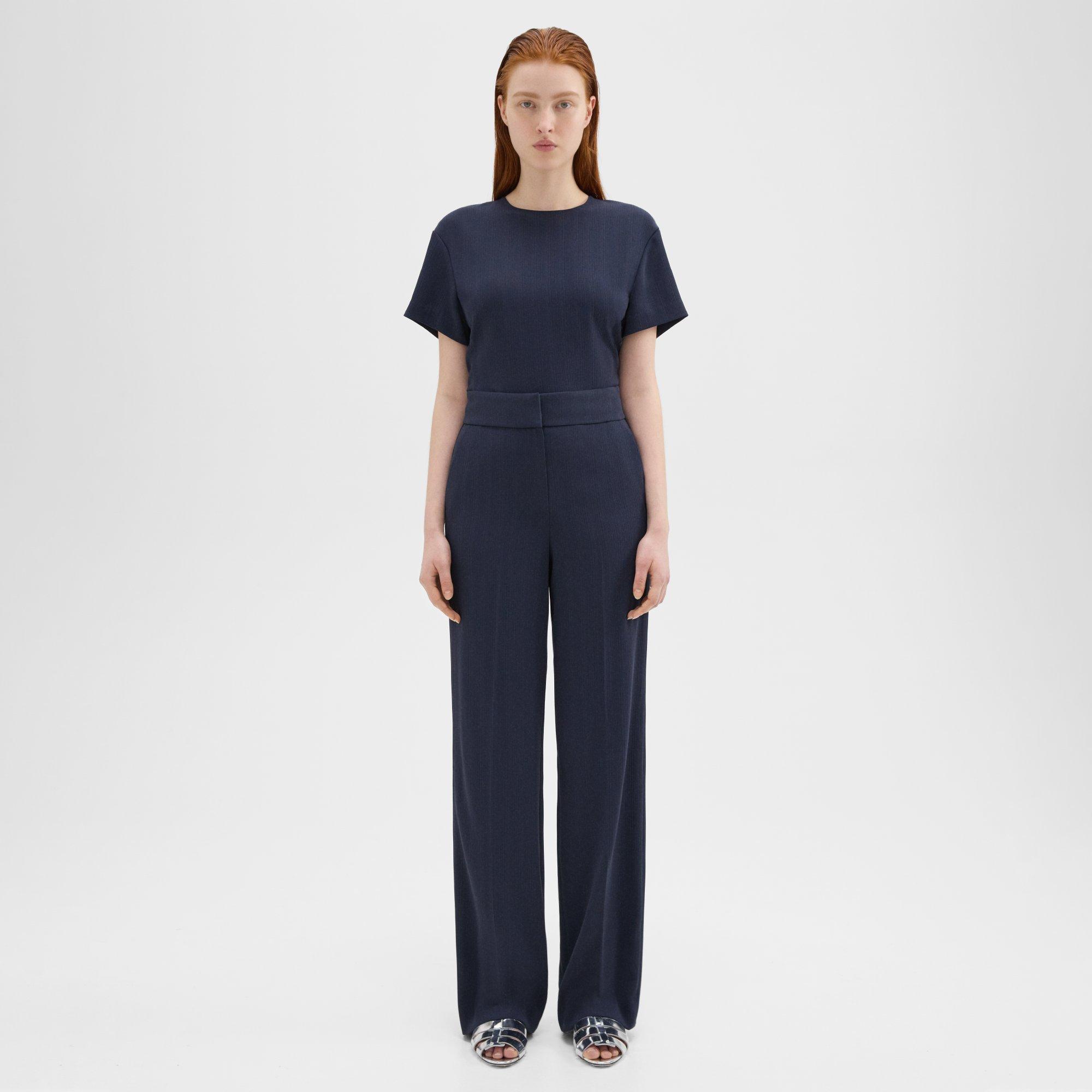 Theory High-waist Wide-leg Pant In Striped Admiral Crepe In Nocturne Navy