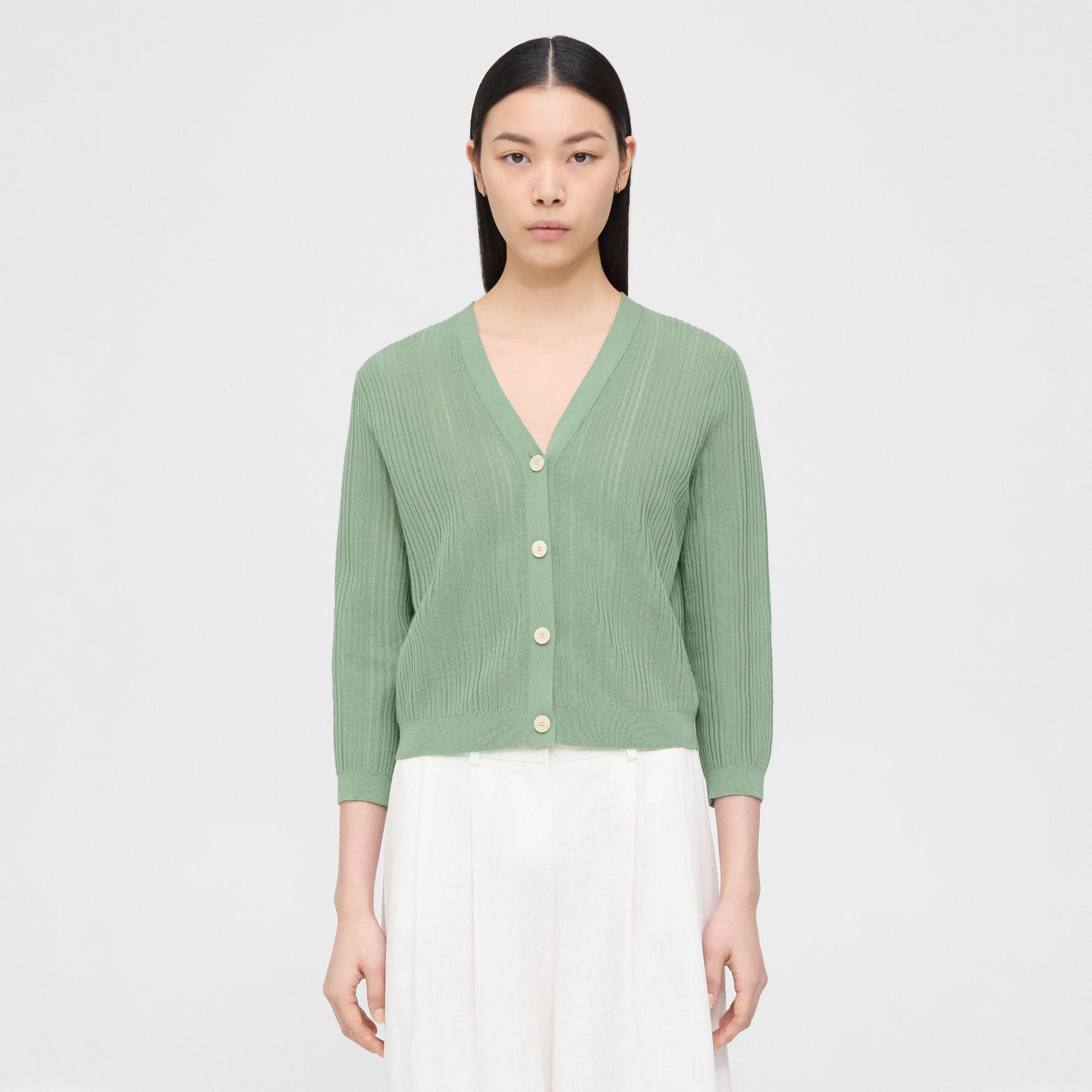 Theory Cropped Ribbed Cotton-blend Cardigan In Leaf