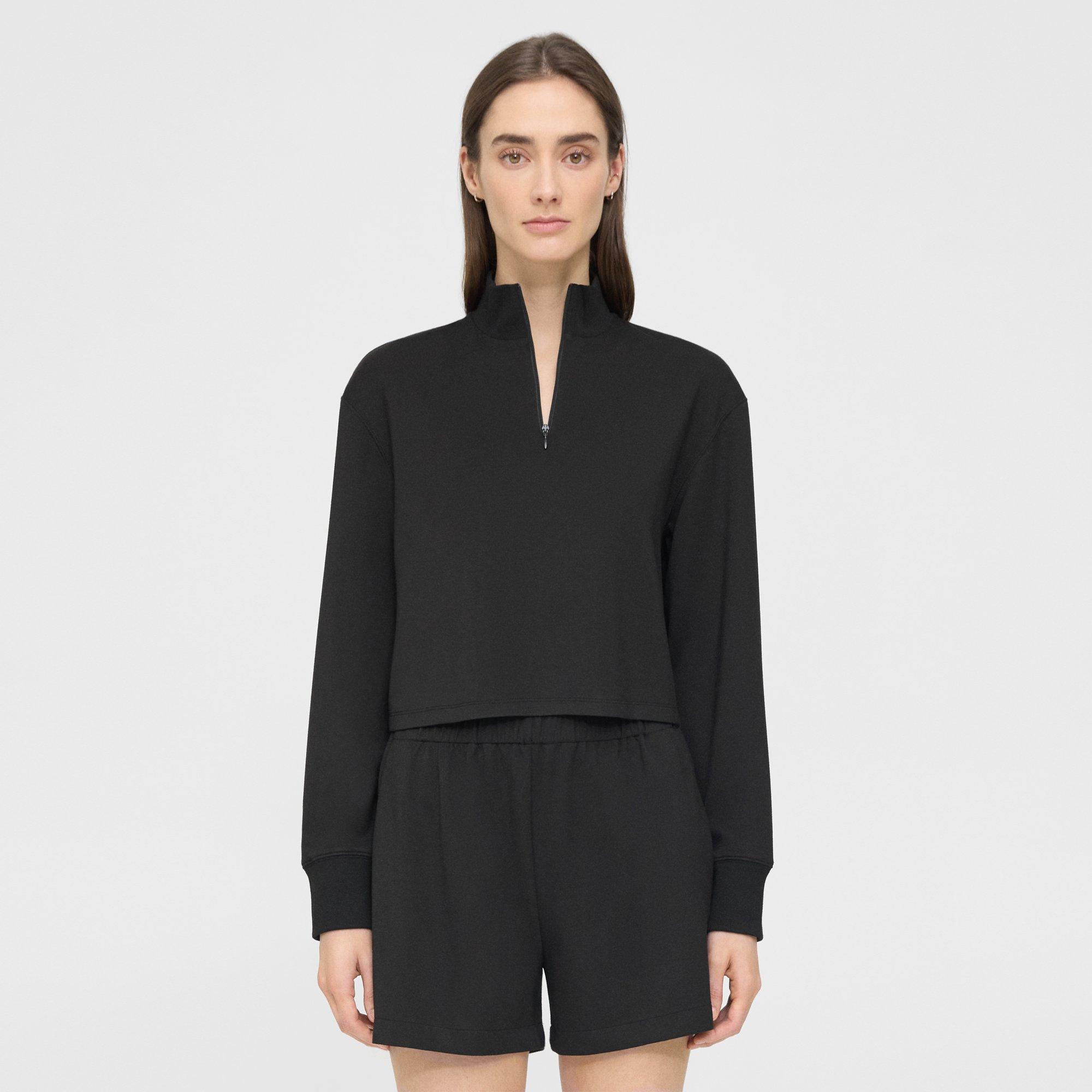 Theory Cropped Half-zip Sweatshirt In Double-knit Jersey In Black