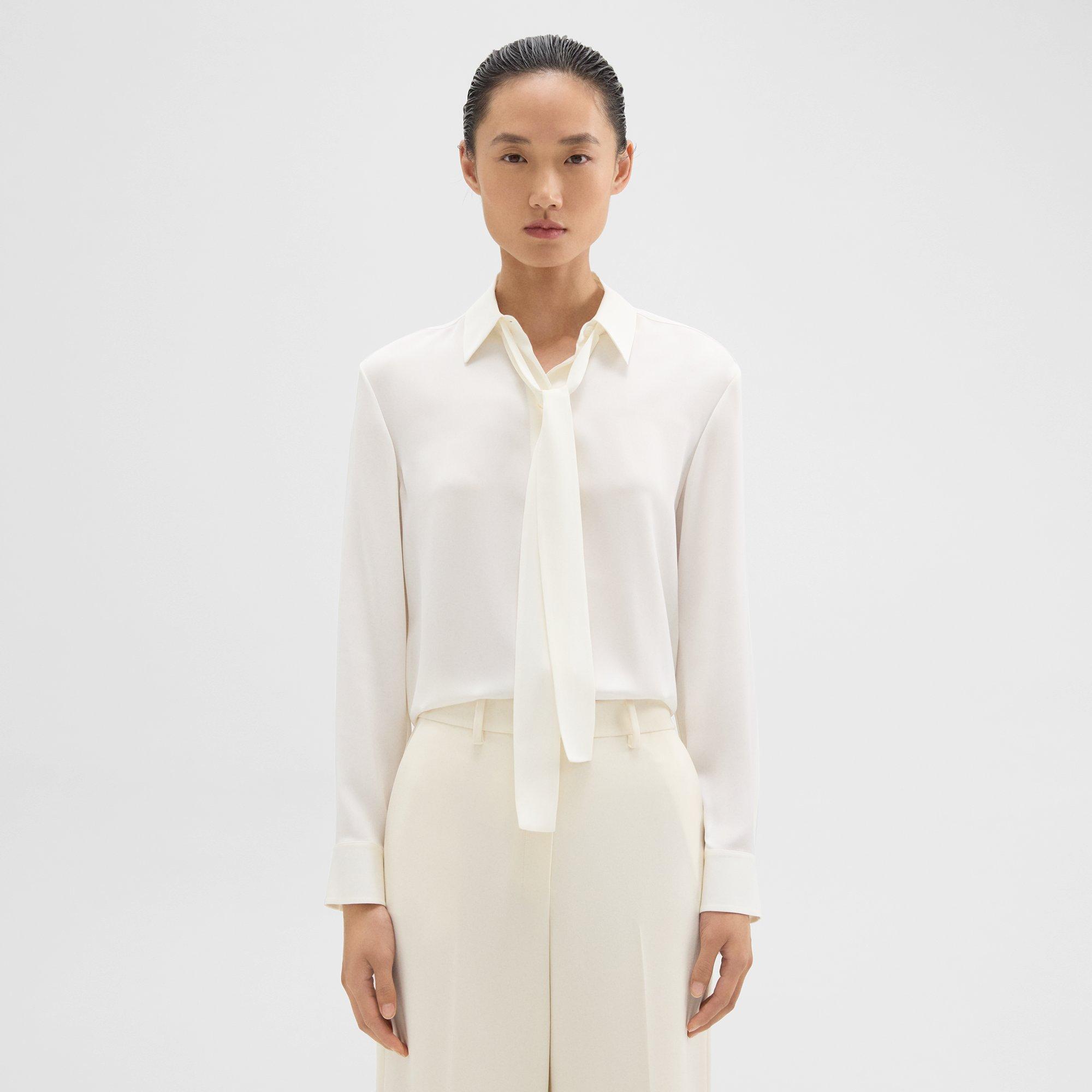 Theory Silk Tie Neck Blouse In Ivory