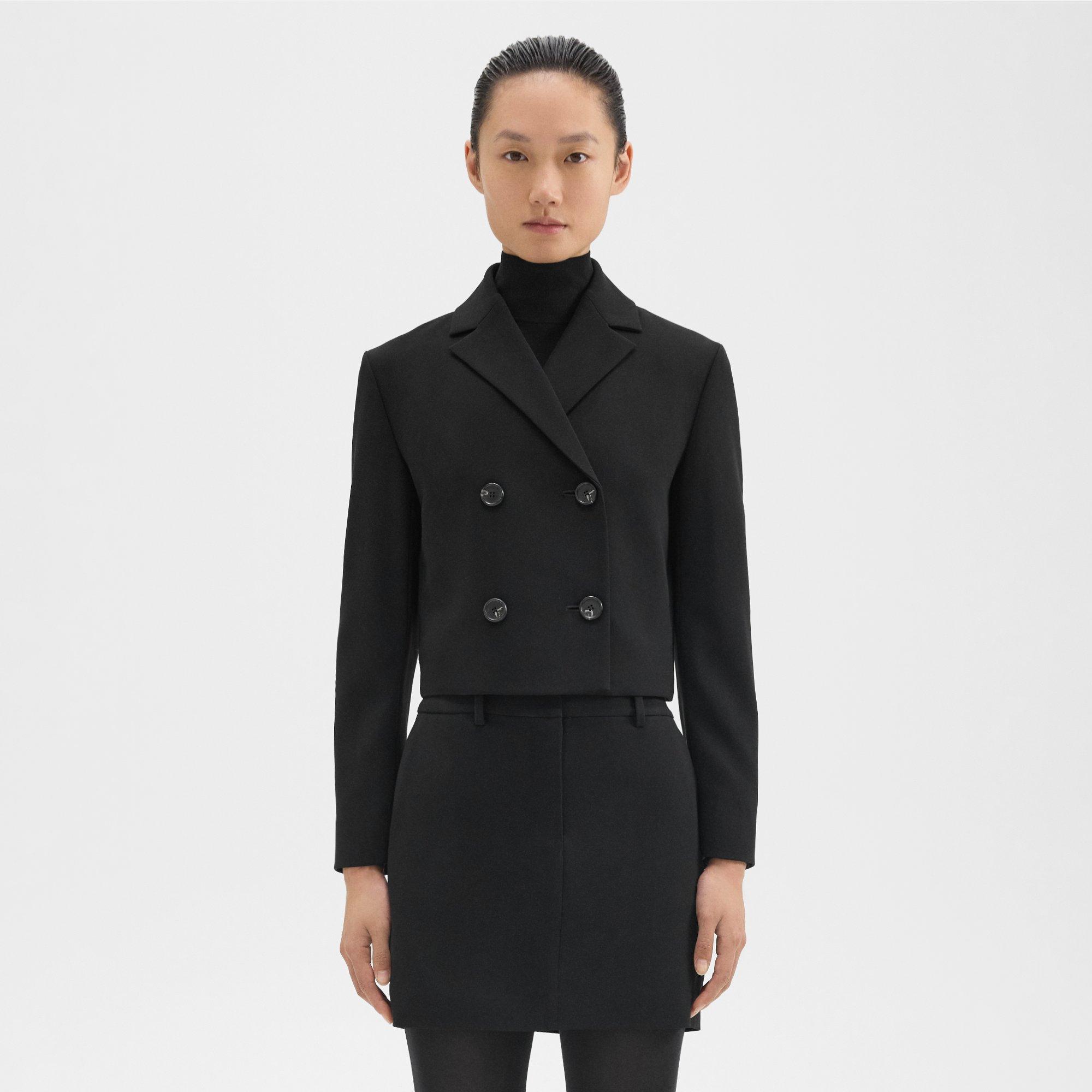 Theory Double-breasted Crop Blazer In Admiral Crepe In Black