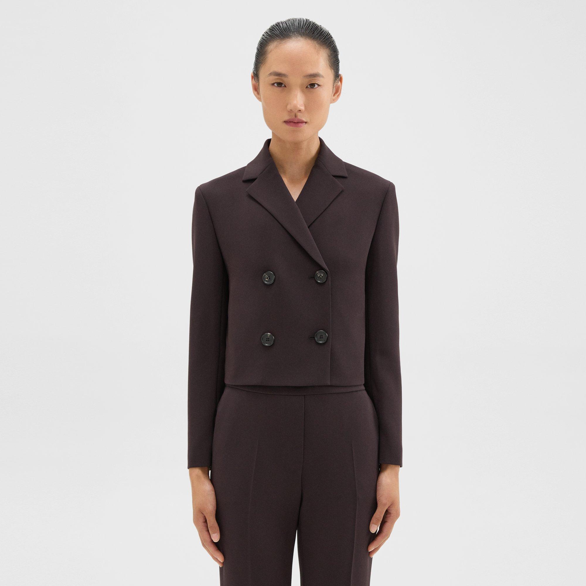 Theory Double-breasted Crop Blazer In Admiral Crepe In Mink