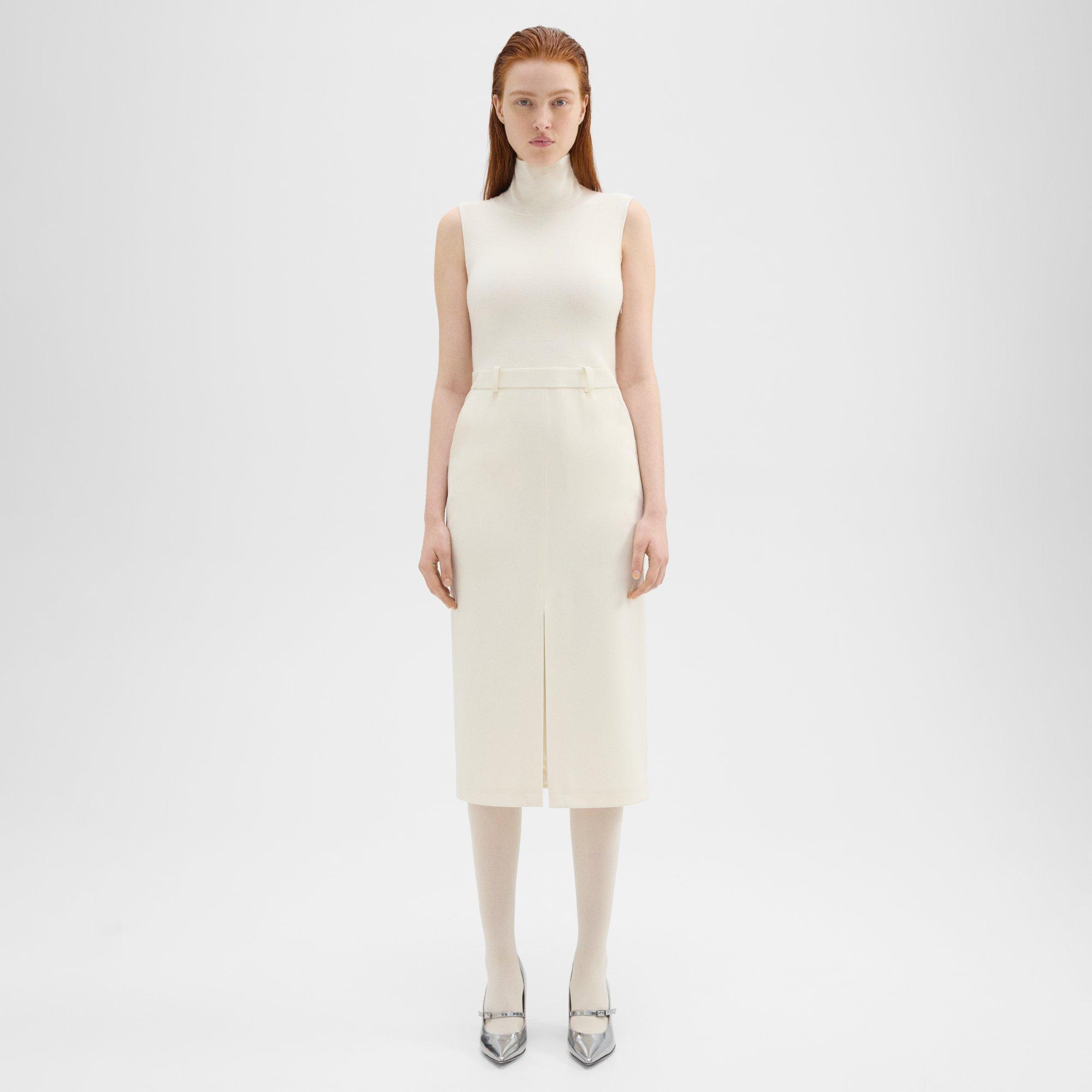 Theory Funnel Neck Combo Dress In Admiral Crepe In Rice