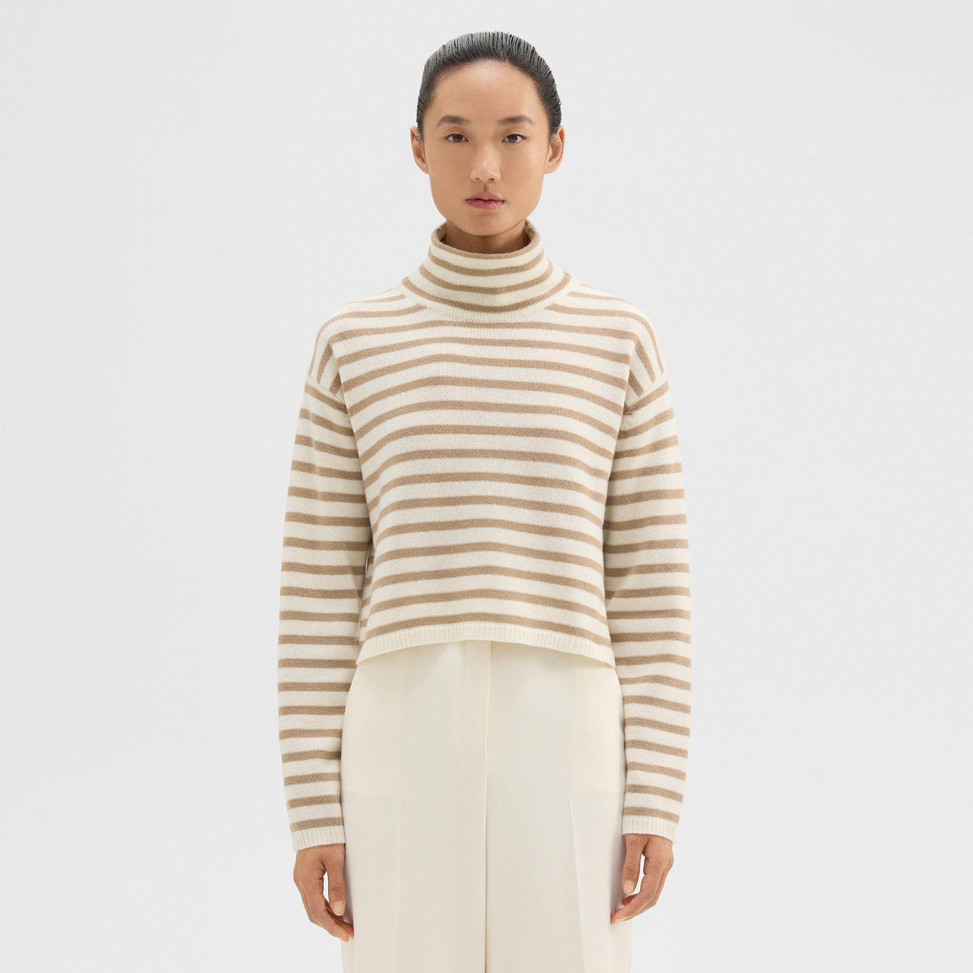 Theory Striped Crop Turtleneck In Felted Wool-cashmere In Ivory/palomino