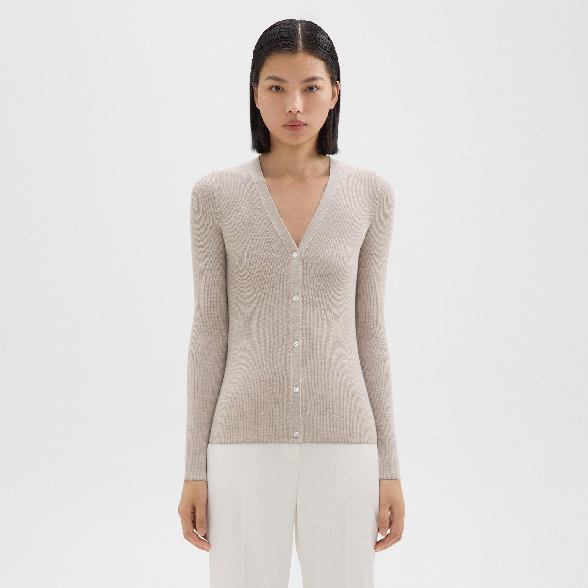 Theory Rib Knit V-neck Cardigan In Regal Wool In Classic Khaki/light Oat