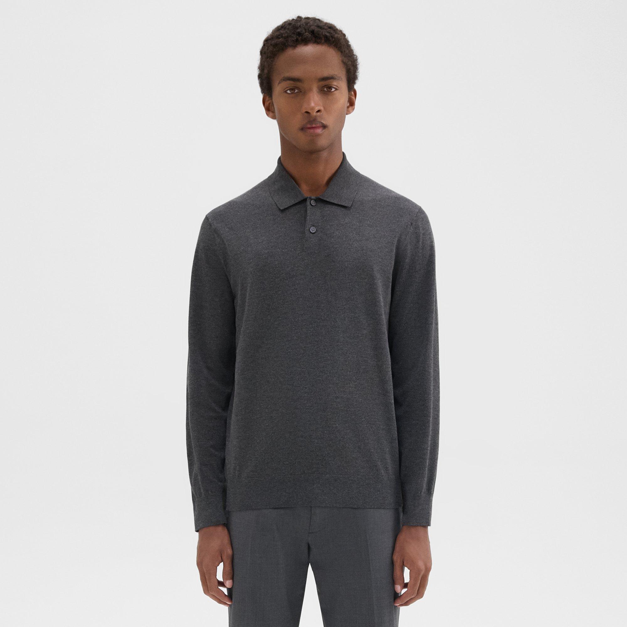 Theory Goris Long-sleeve Polo Shirt In Fine Bilen In Dark Grey Melange