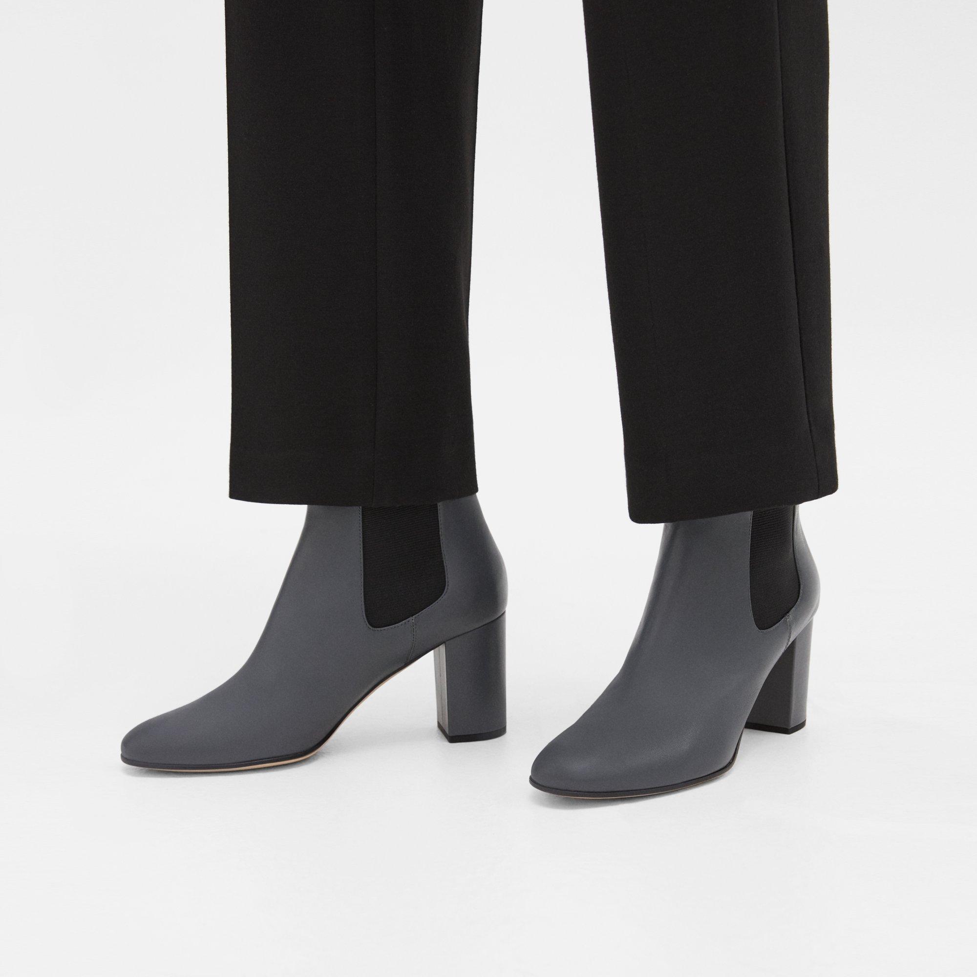 Theory Block Heel Chelsea Bootie In Leather In Medium Grey