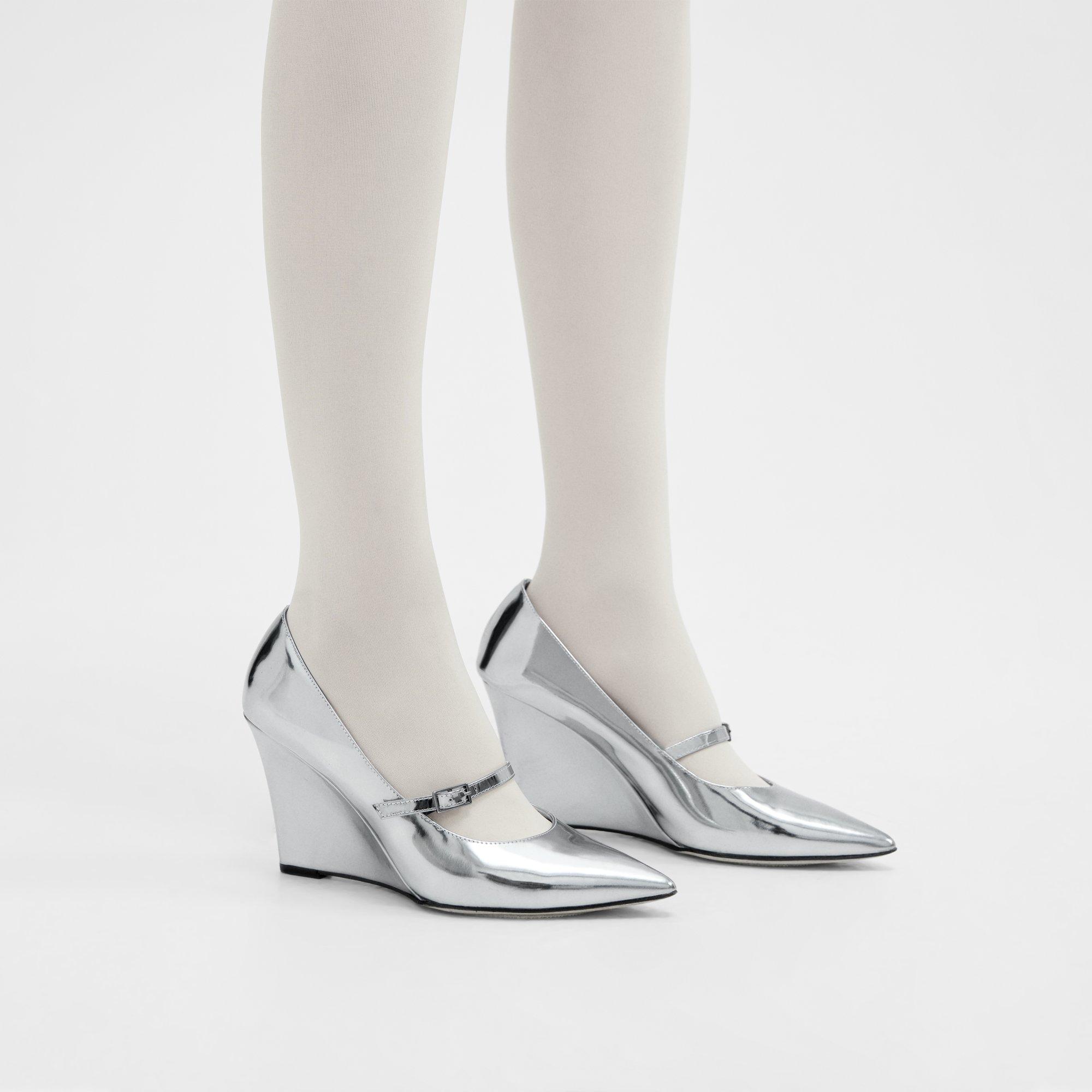 Theory Mary Jane Wedge In Metallic Leather In Winter Silver