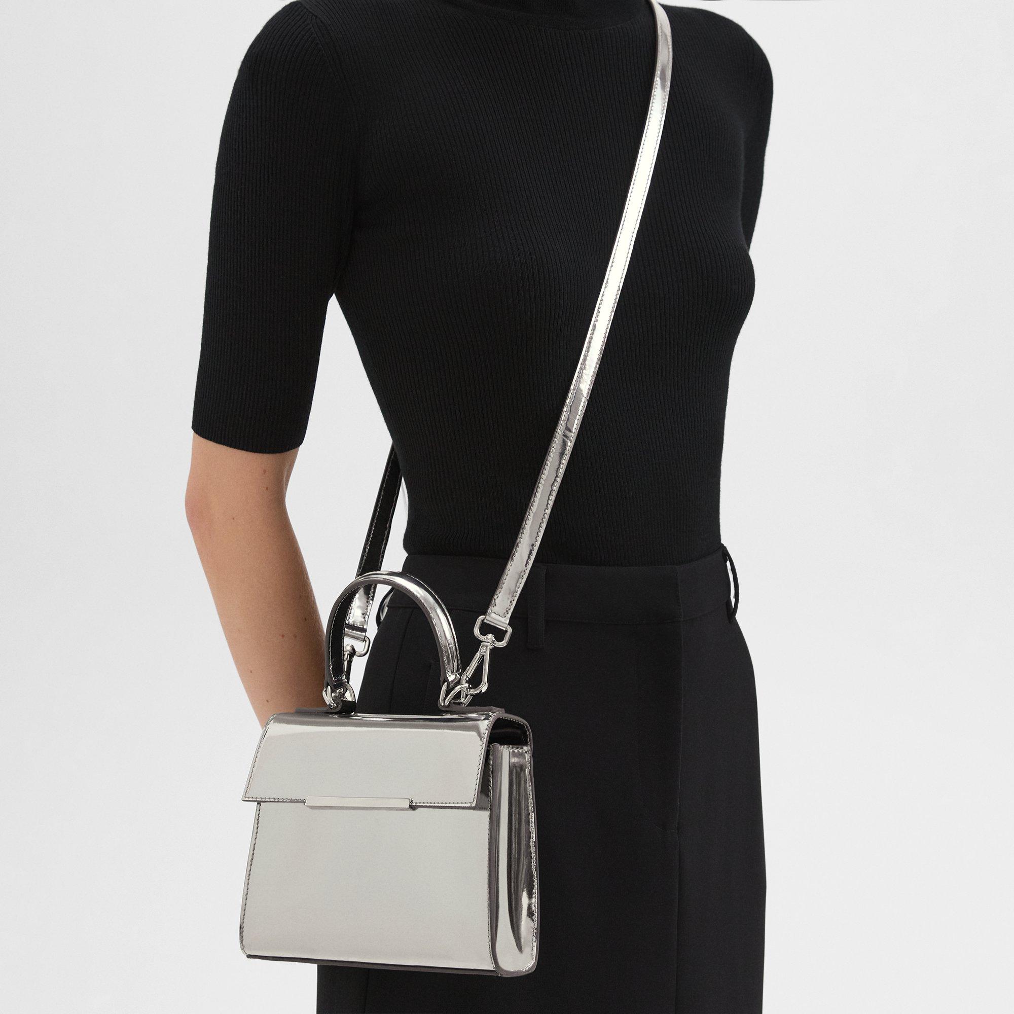 Theory Small Top Handle Bag In Metallic Leather In Winter Silver