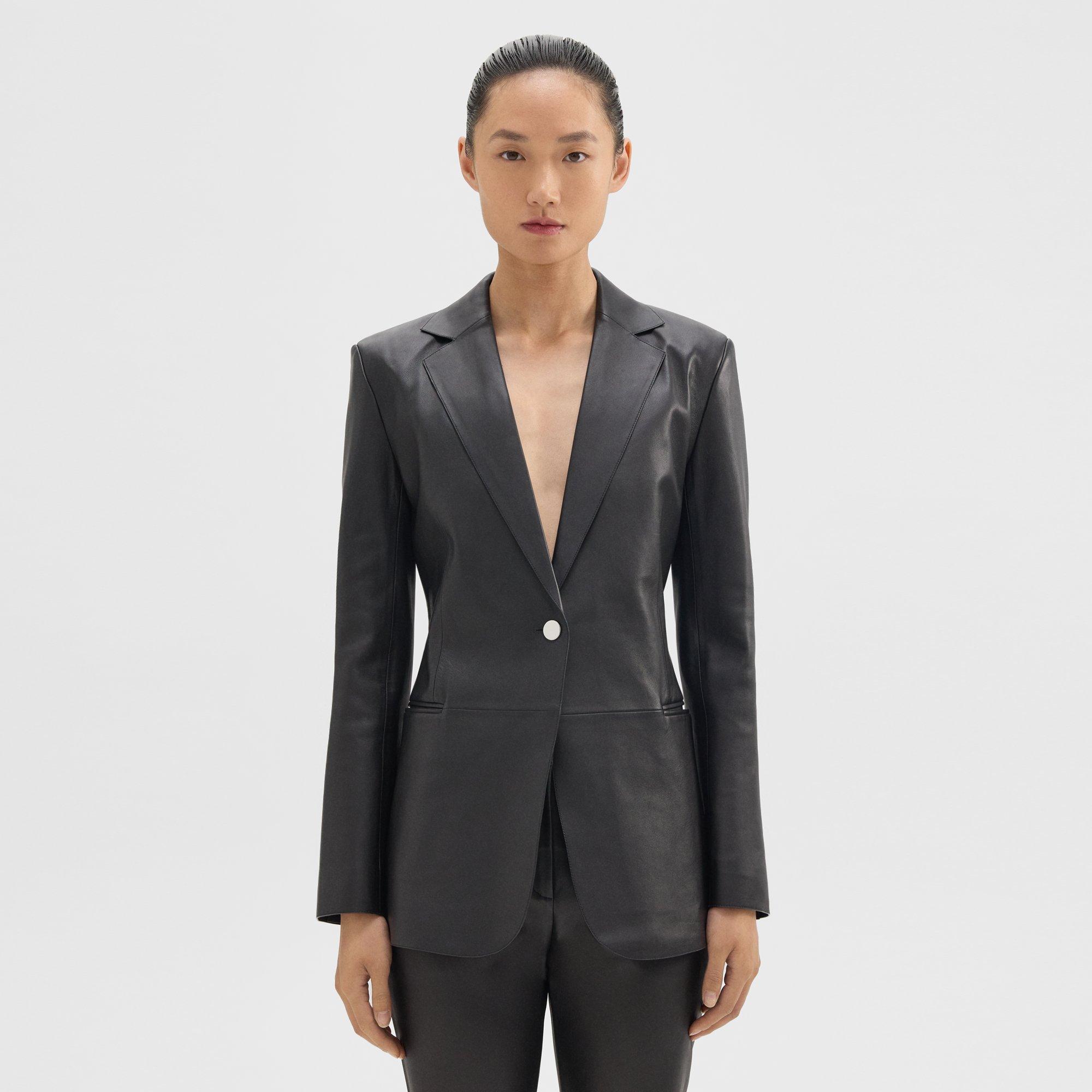 Theory Slim Blazer In Leather In Black