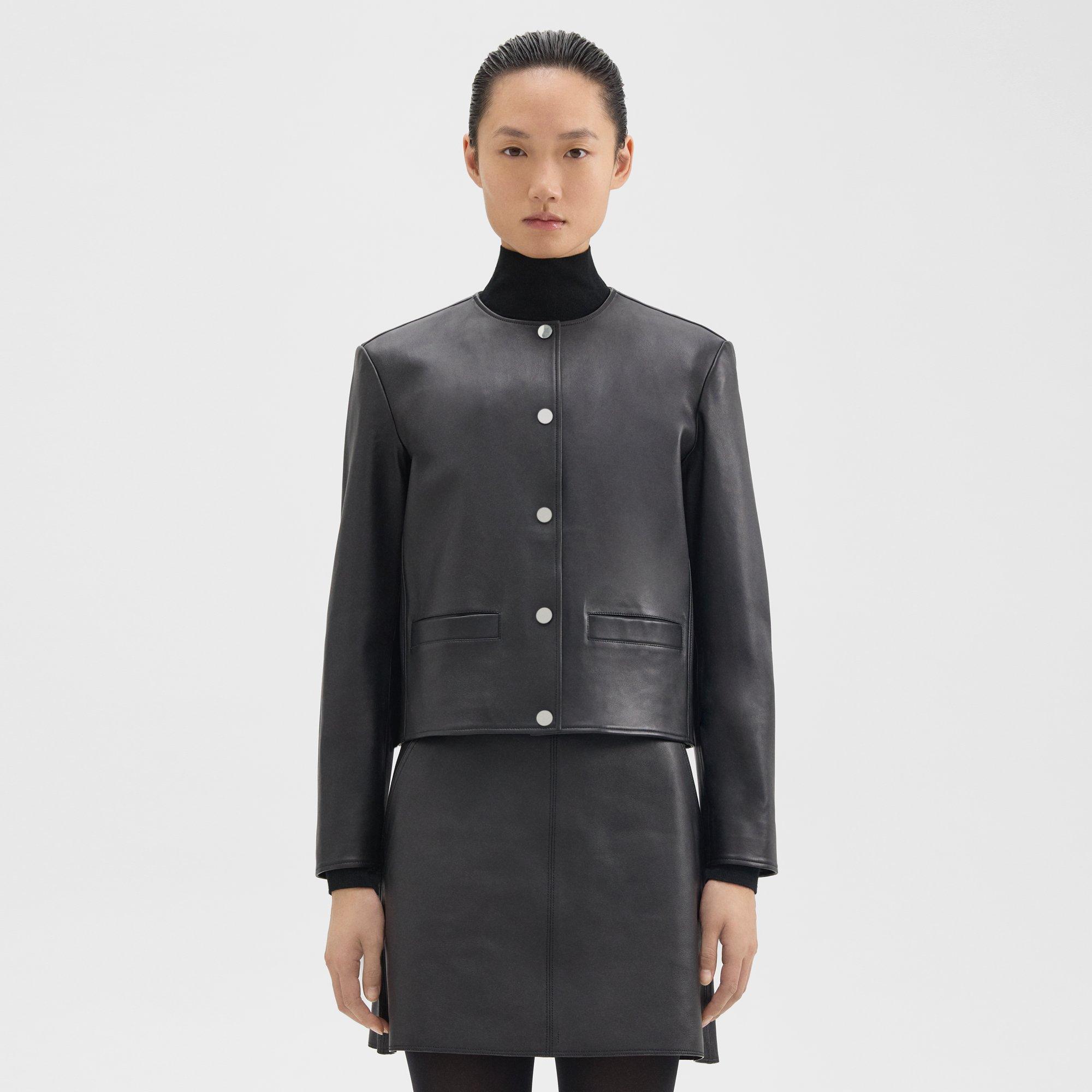 Theory Nappa Leather Straight Crop Jacket In Black