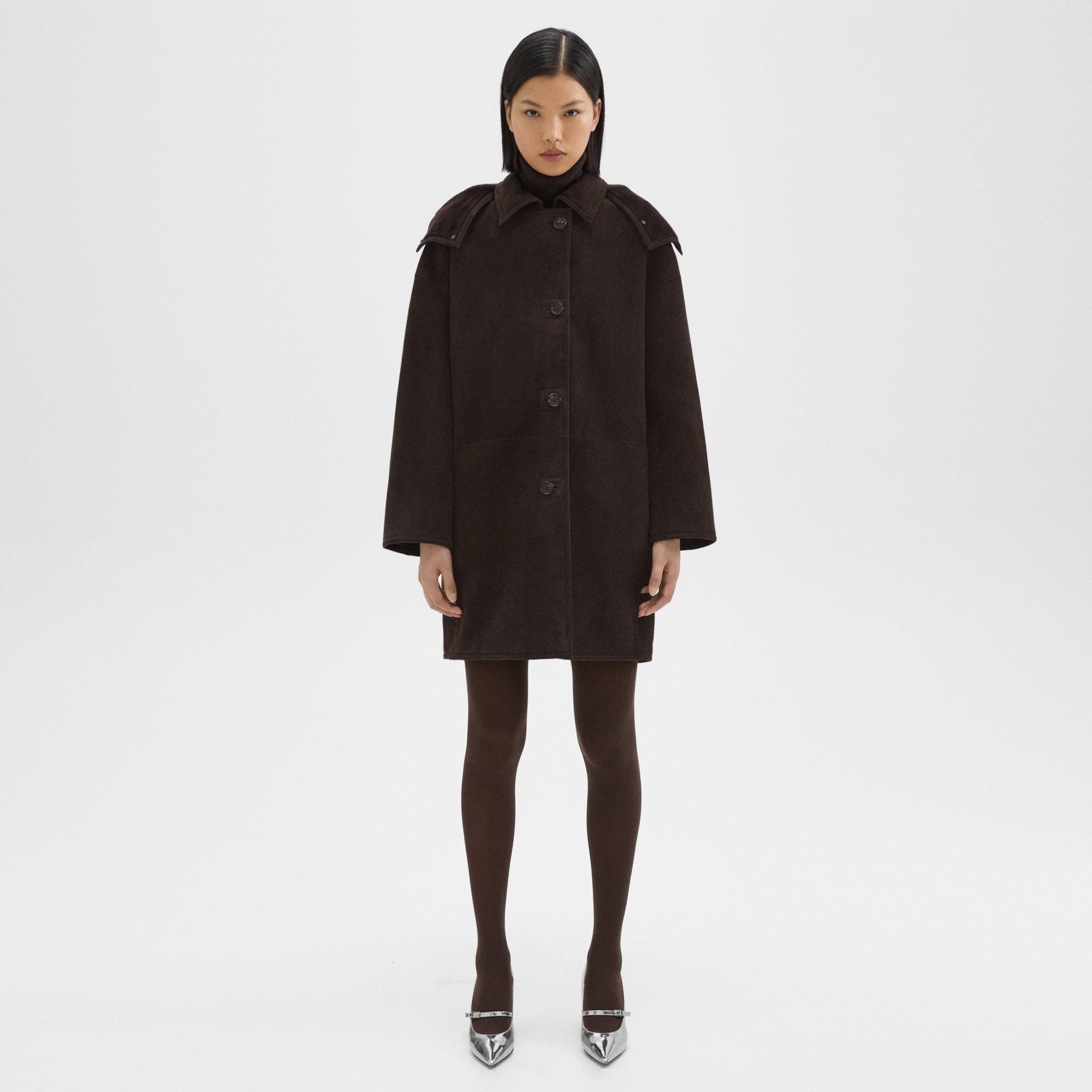 THEORY HOODED REVERSIBLE COAT IN SHEARLING