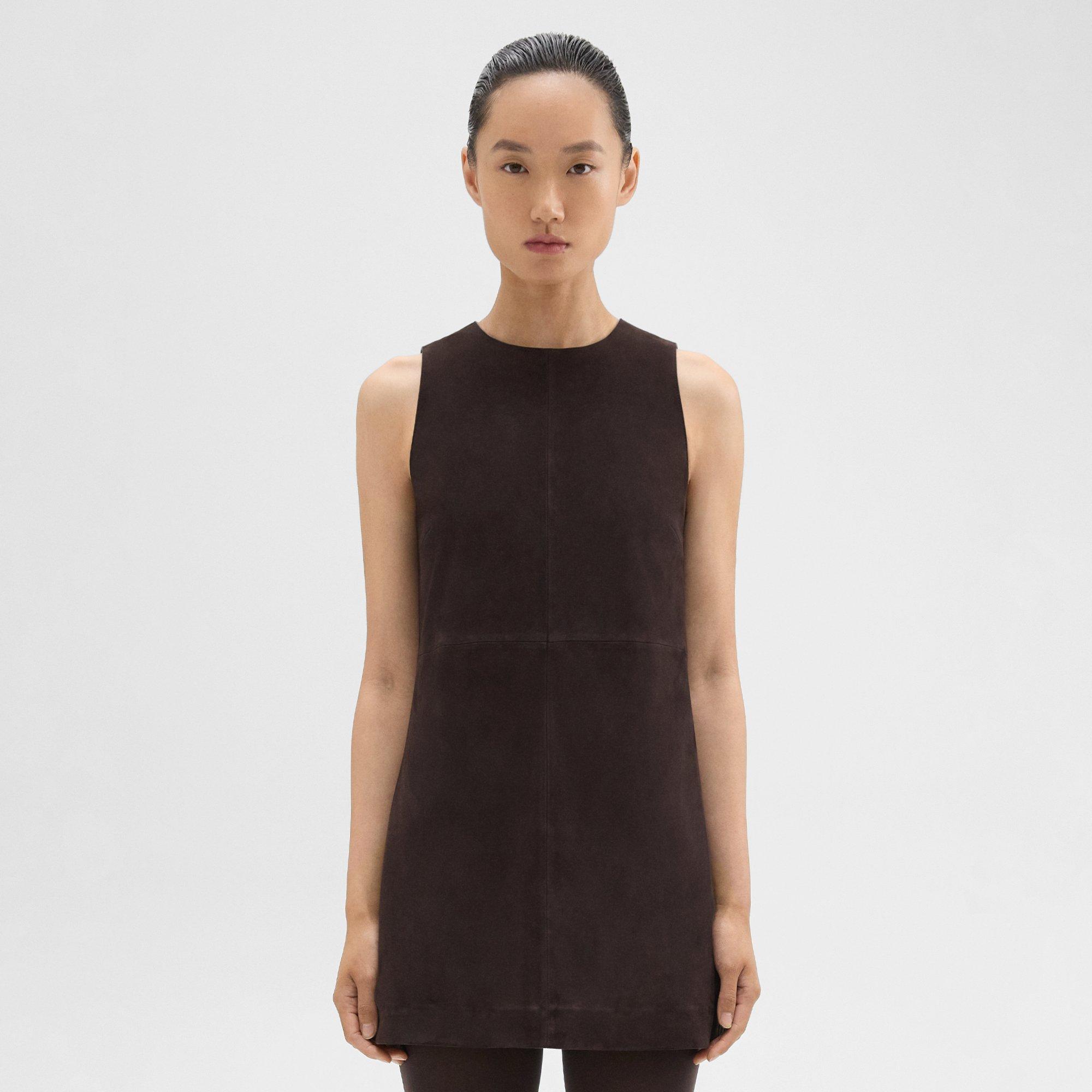 Theory High-twist Twill Layered Mini Shift Dress In Mink