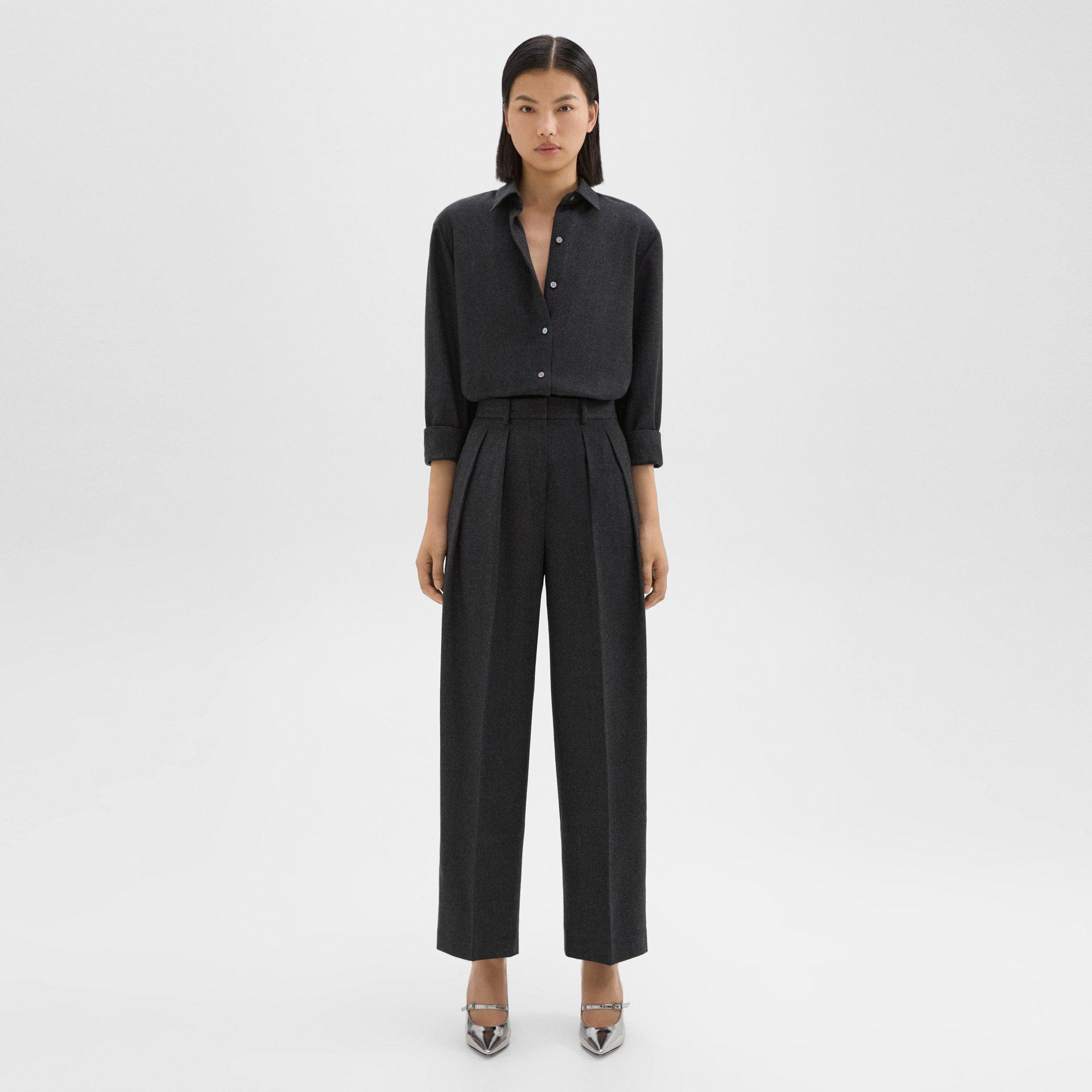 Theory Double Pleat Pant In Sleek Flannel In New Charcoal Melange