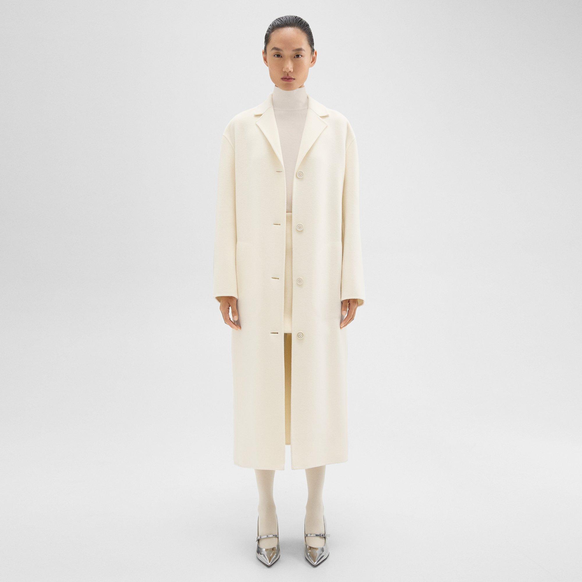 Theory Belted Coat In Double-face Wool-cashmere In Ivory