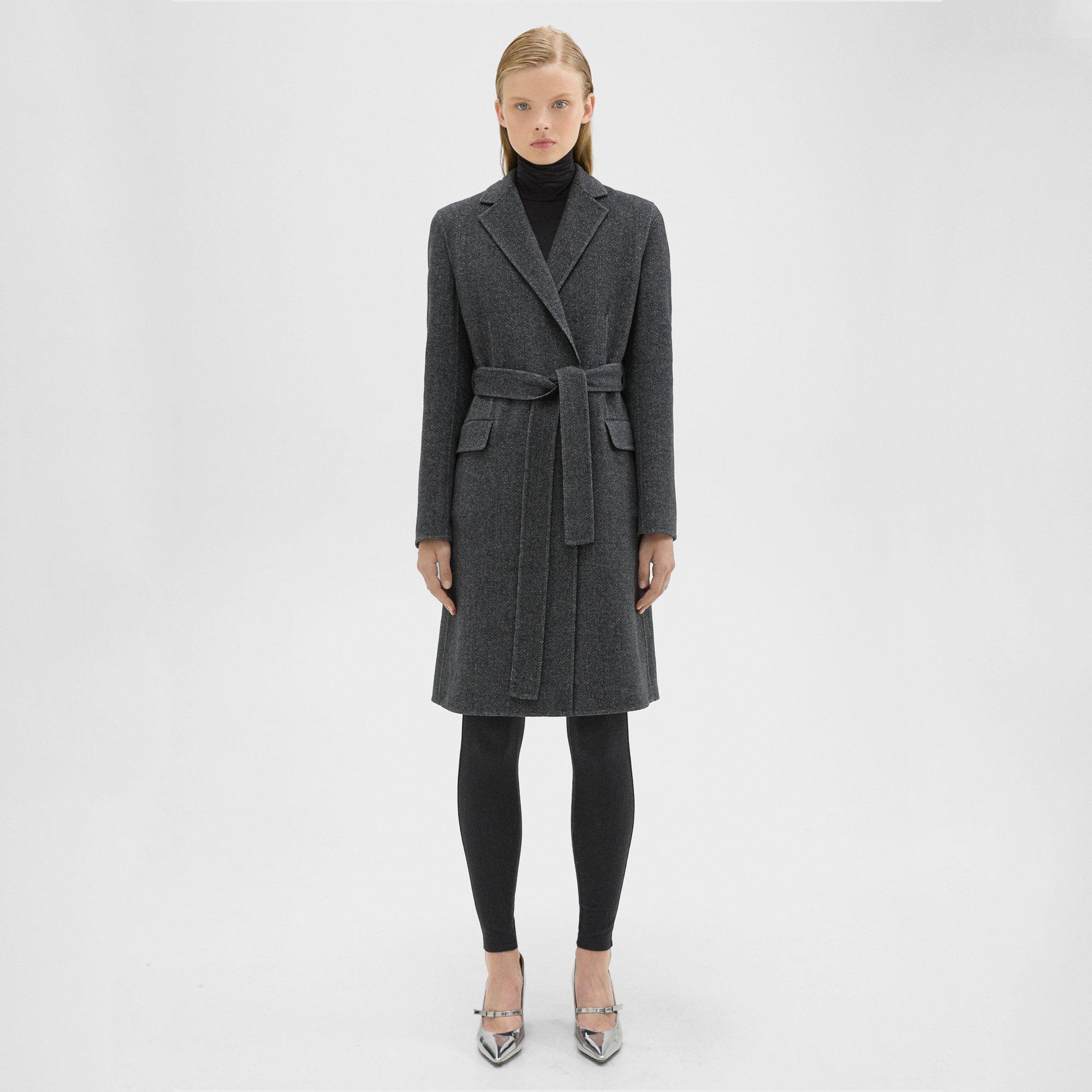 Theory Belted Coat In Double-face Wool-cashmere In Black Multi