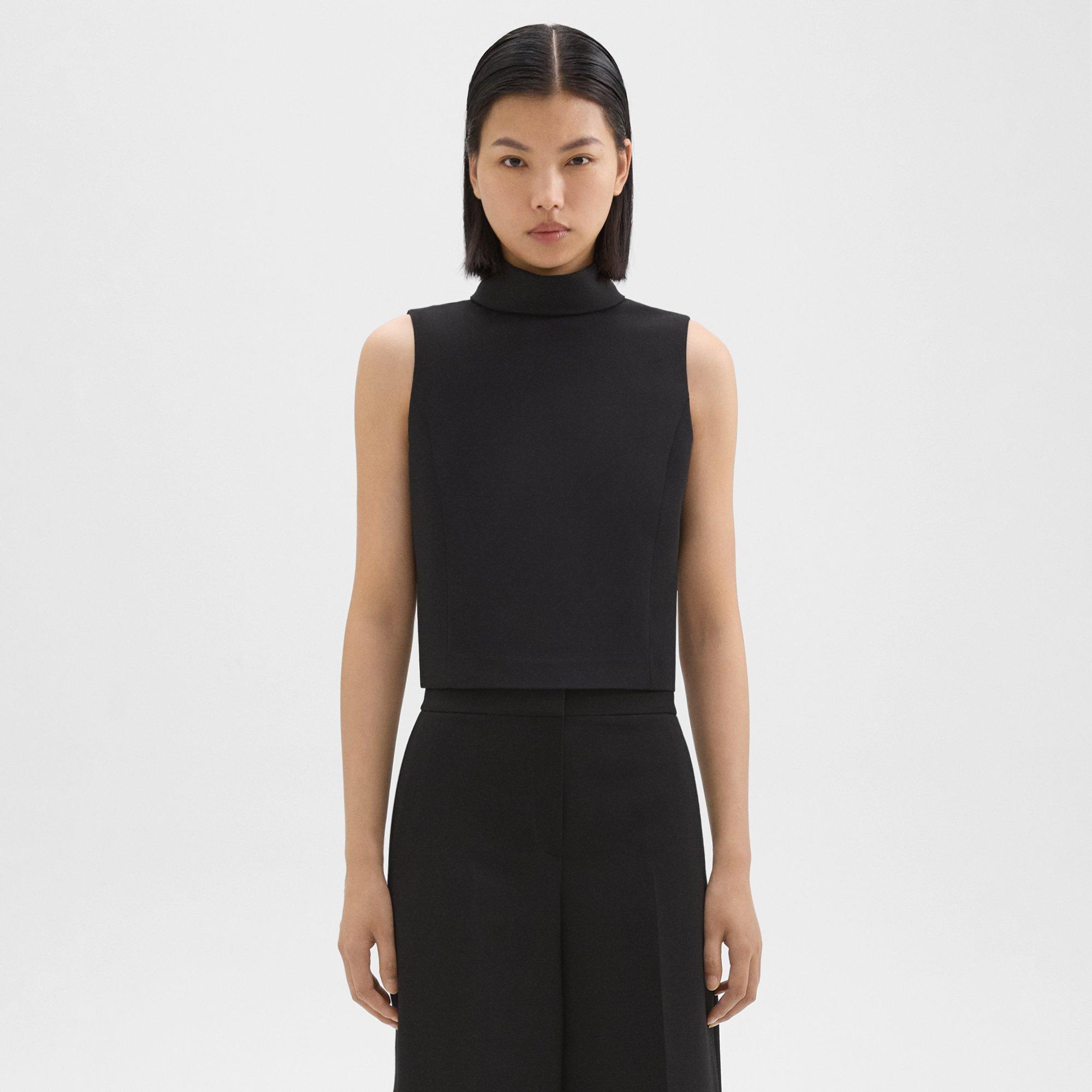 Theory Cropped Roll Neck Top In Double Weave In Black