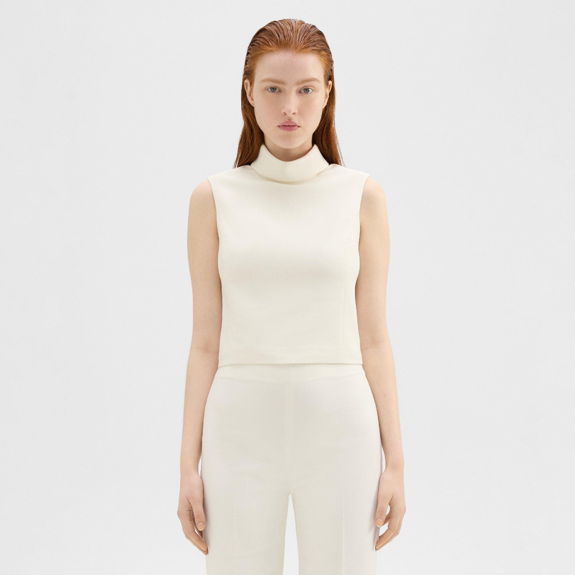 Theory Cropped Roll Neck Top In Double Weave In Ivory