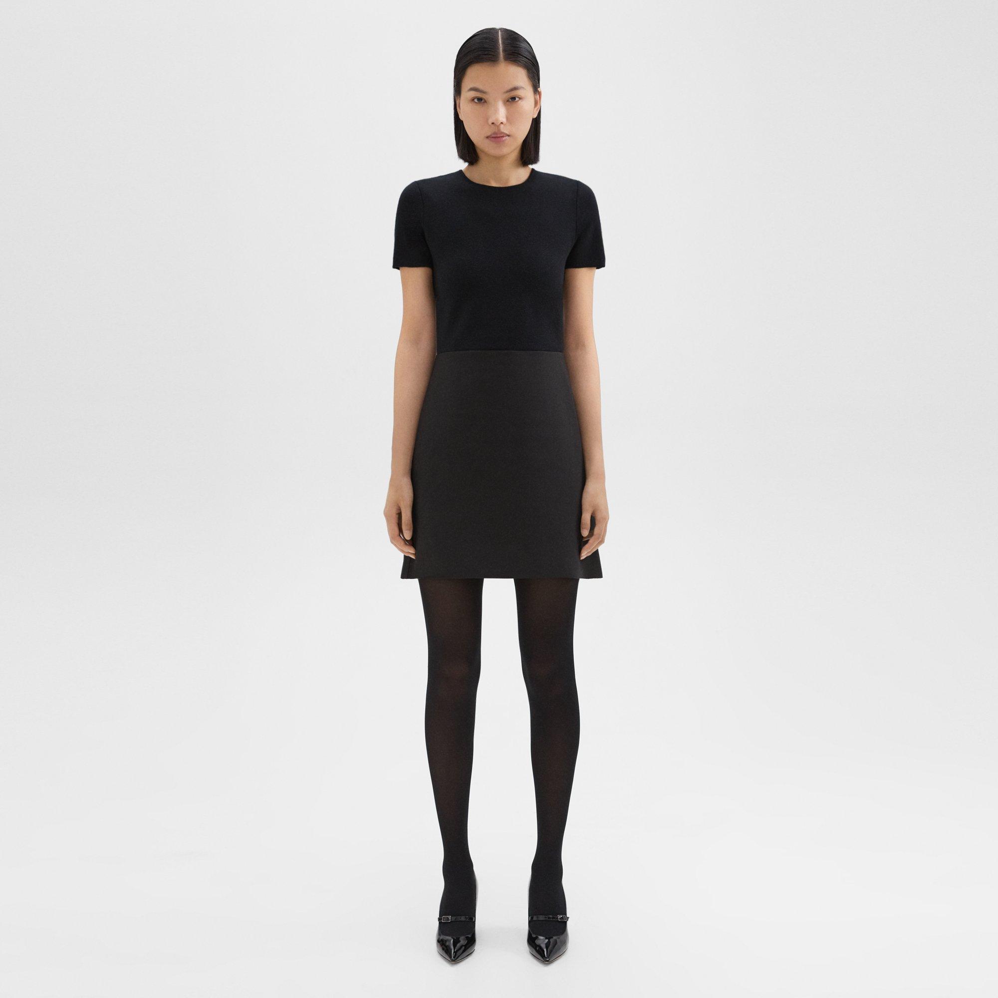 Theory Short-sleeve Combo Dress In Double Weave In Black