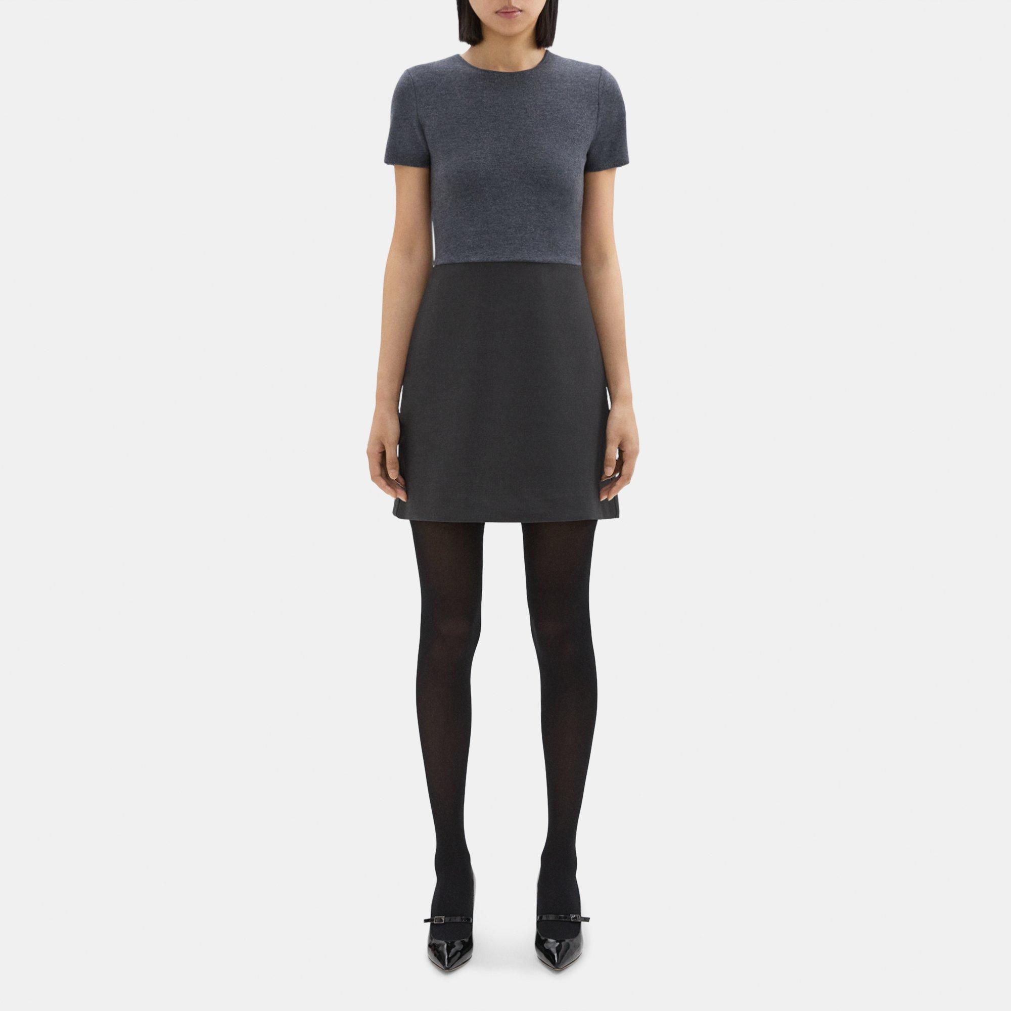 Theory Short-sleeve Combo Dress In Double Weave In Charcoal Melange