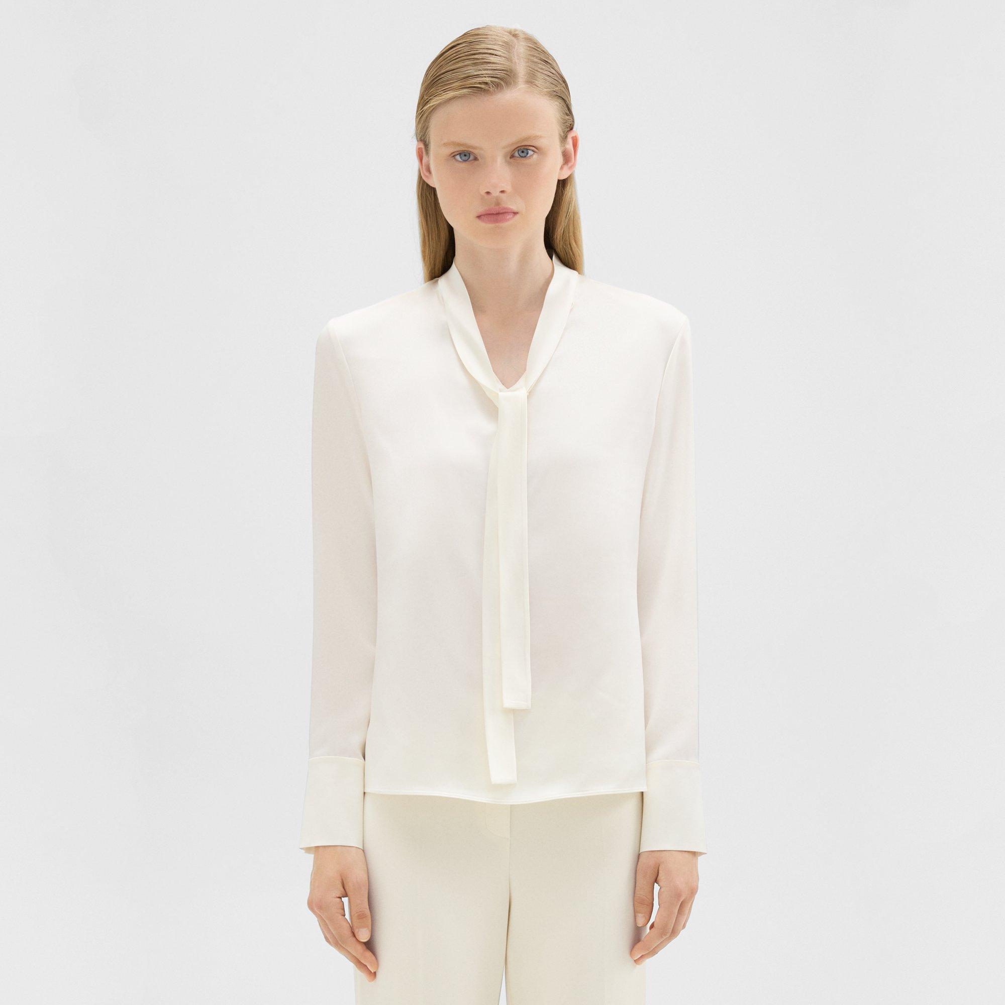 Theory Tie Neck Blouse In Satin In Ivory