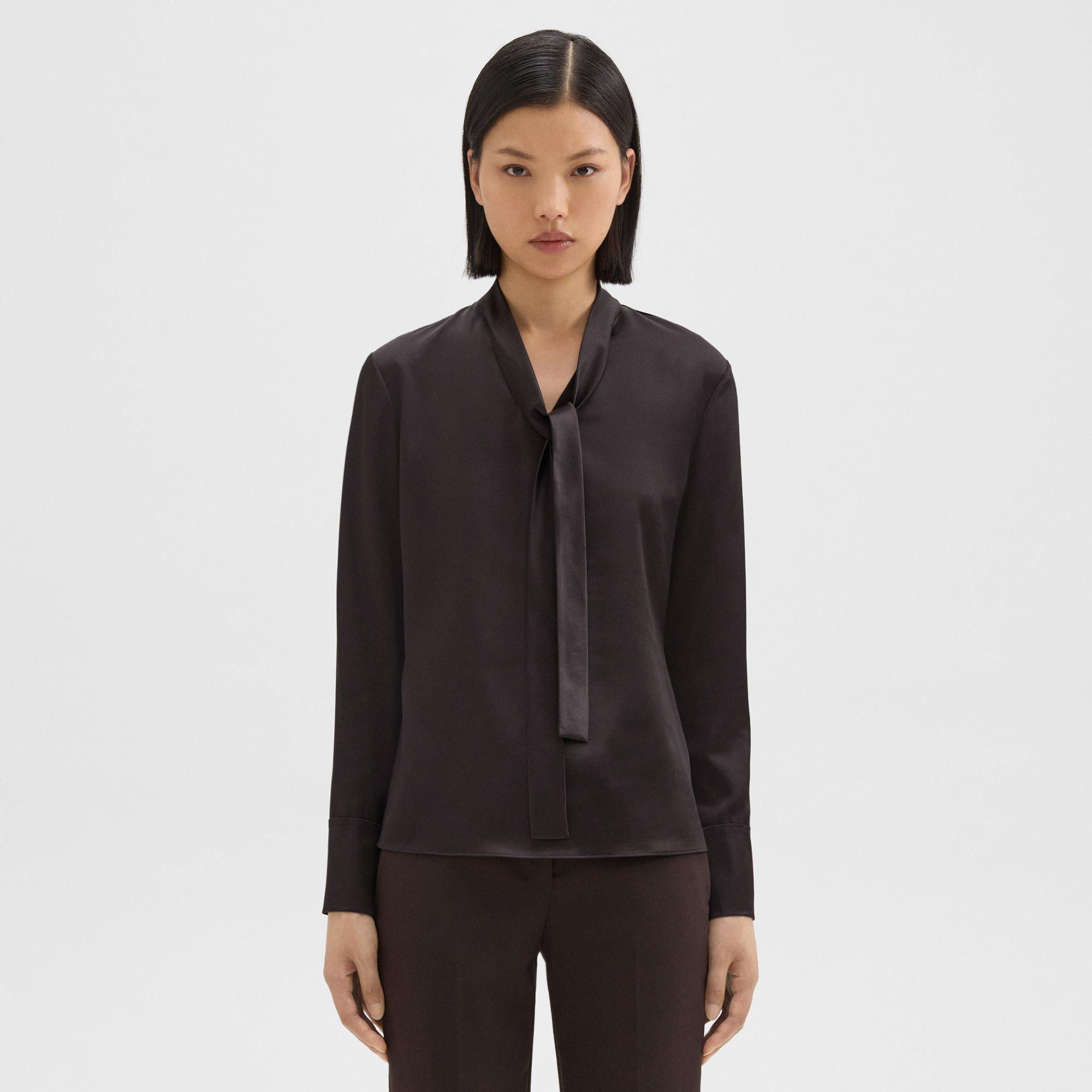 Theory Tie Neck Blouse In Satin In Mink