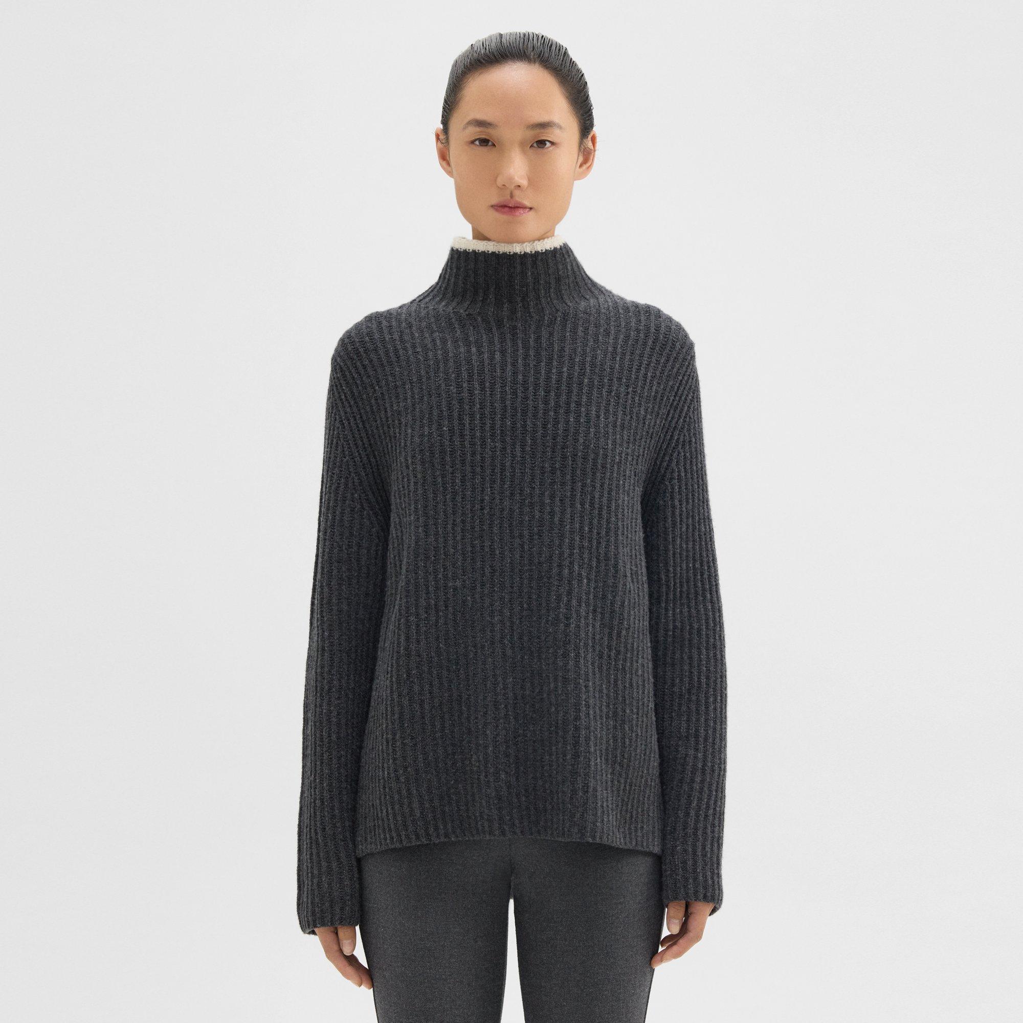 Theory Karenia Cashmere And Felted Wool Turtleneck Sweater In Charcoal/ivory