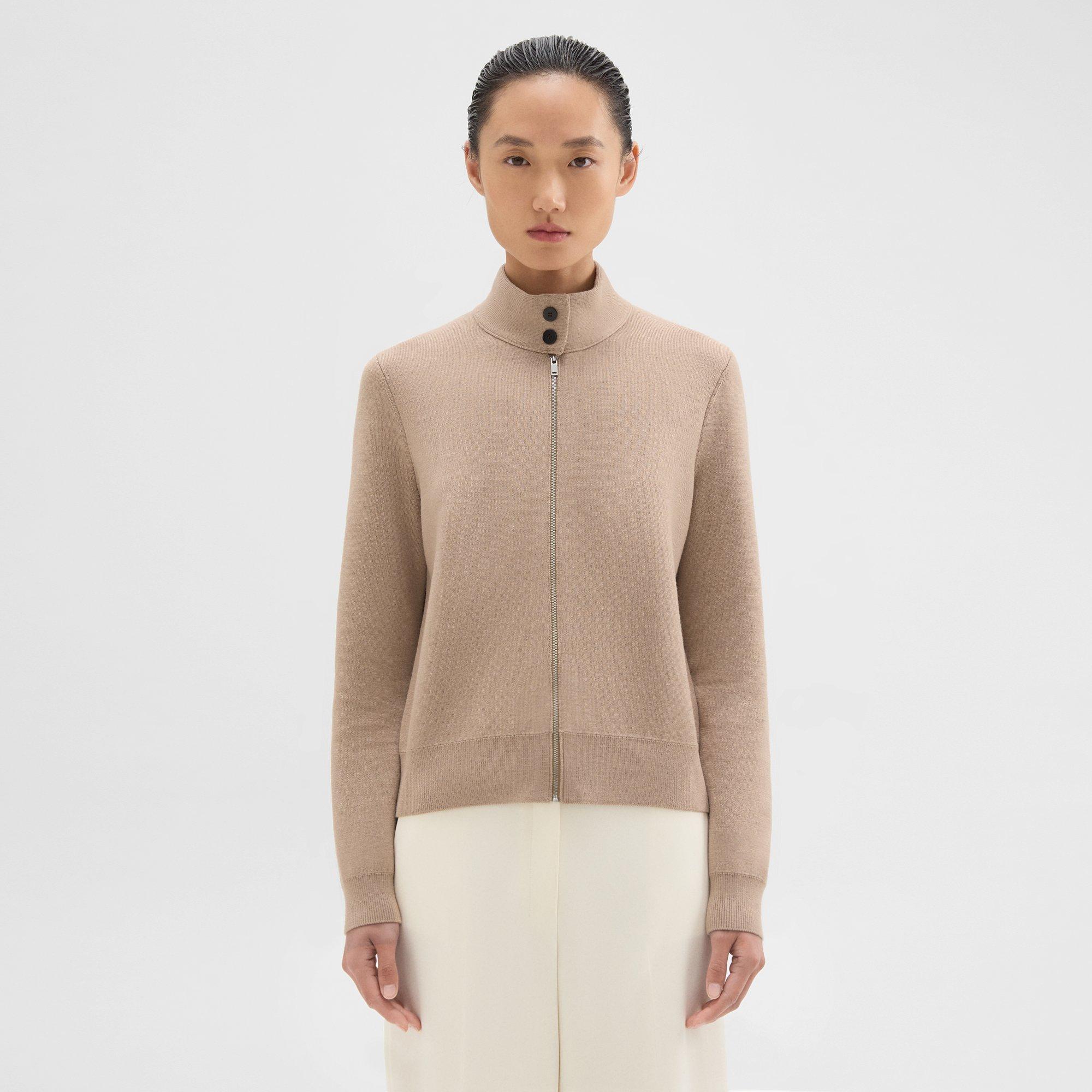 Theory Zip-up Cardigan In Washable Merino Wool In Palomino