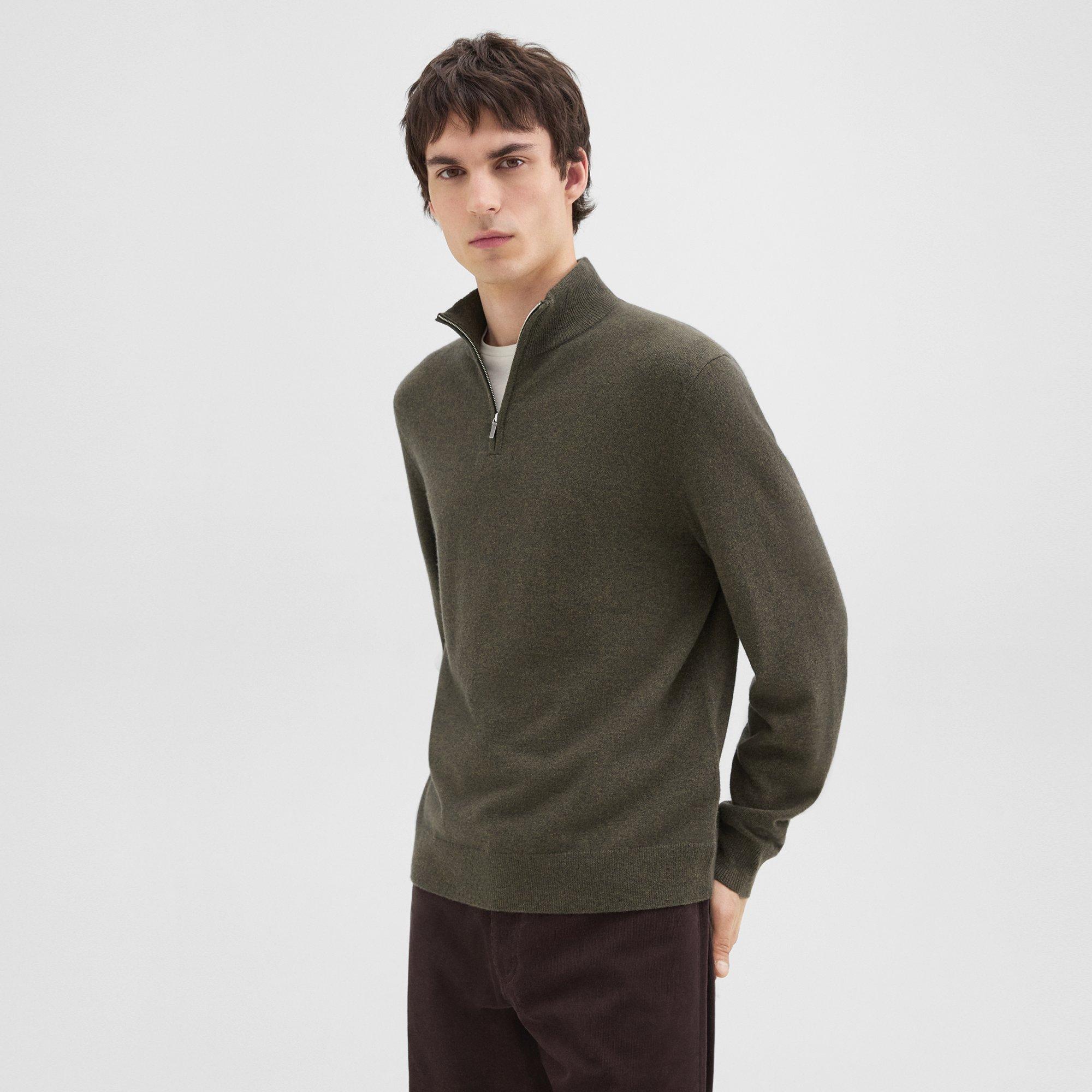 Theory Walton Cotton Honeycomb Textured Quarter Zip Sweater In Hunter Green Melange