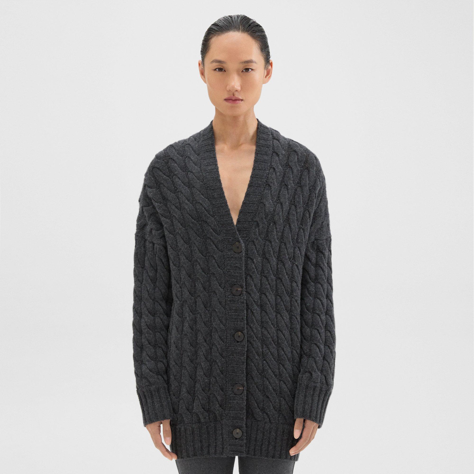 Theory Felted Cable Knit Long Cardigan In Charcoal