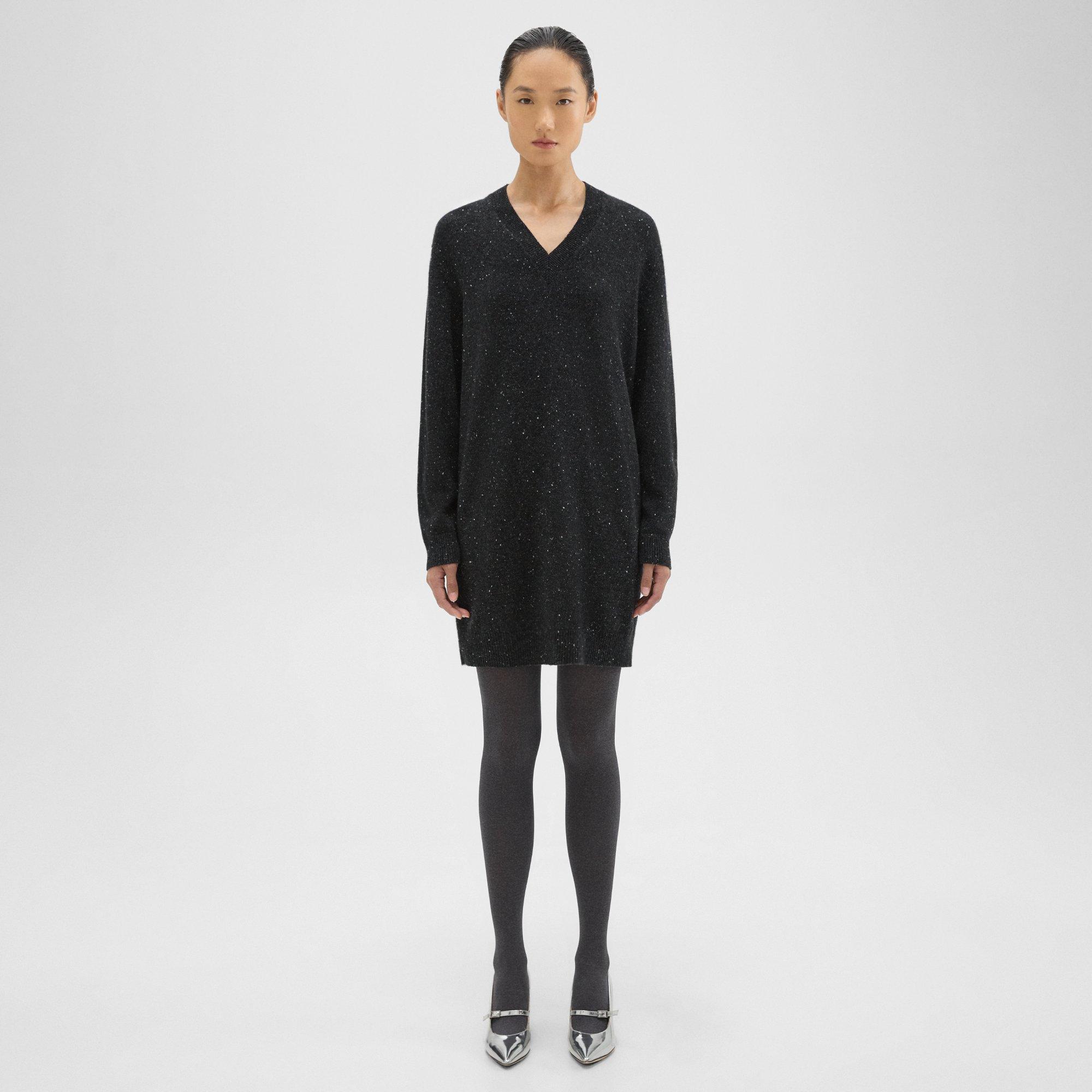 Theory V-neck Sweater Dress In Donegal Wool-cashmere In Charcoal Multi