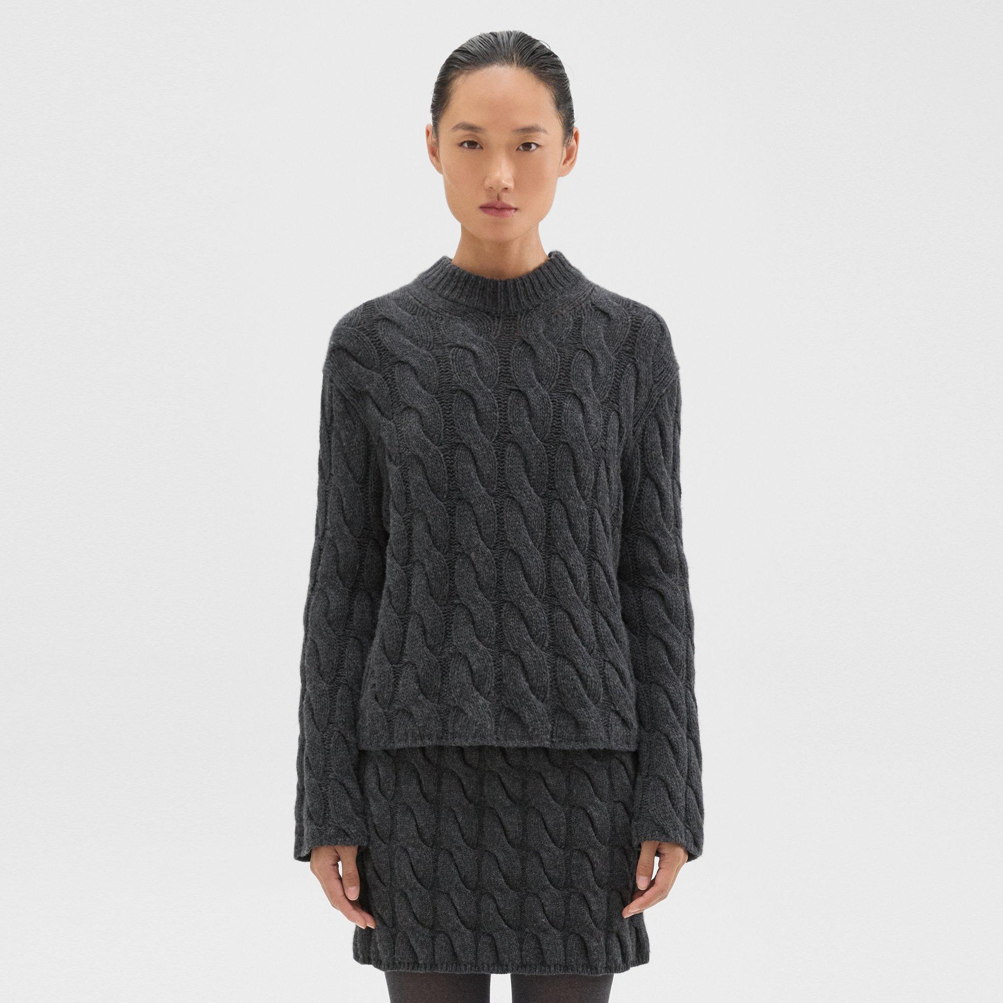 Theory Cable Knit Mock Neck Sweater In Felted Wool-cashmere In Charcoal