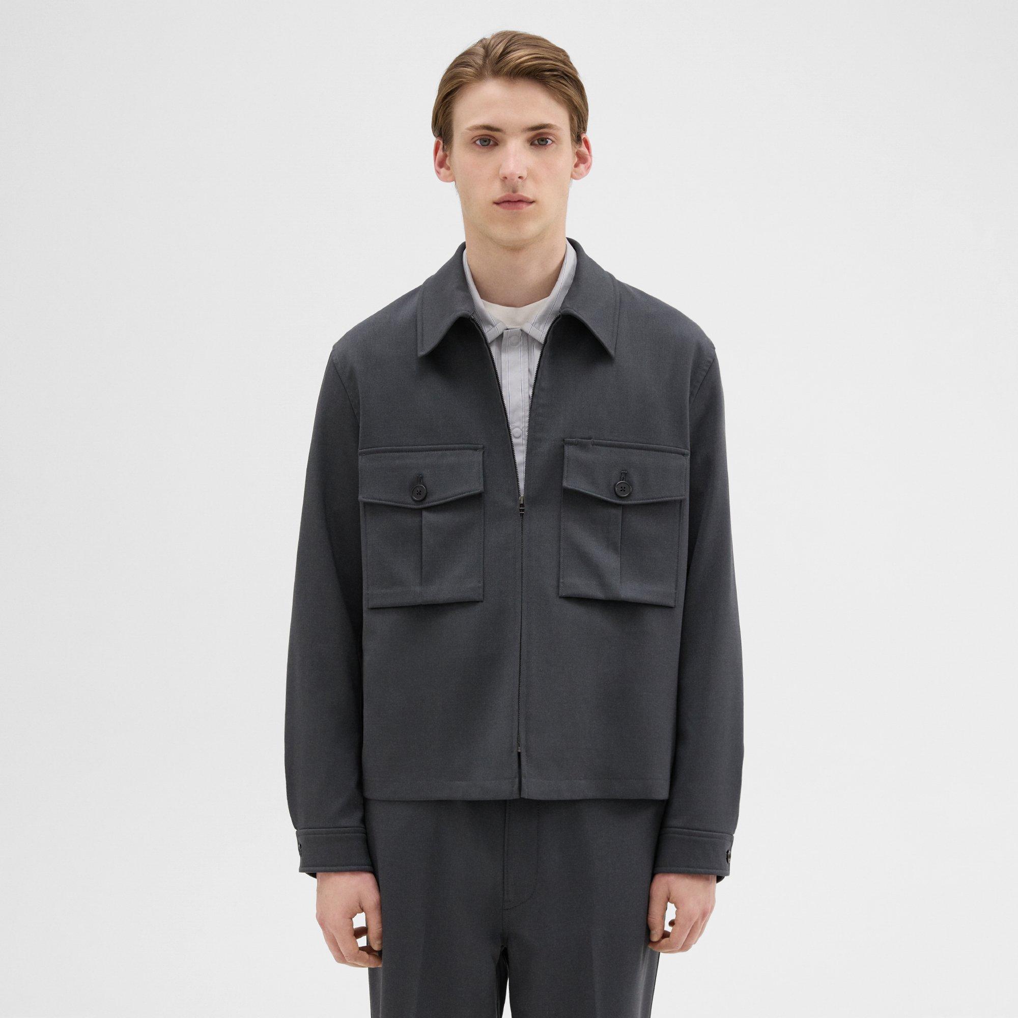 Theory Wool Gabardine Shirt Jacket In Stone Grey