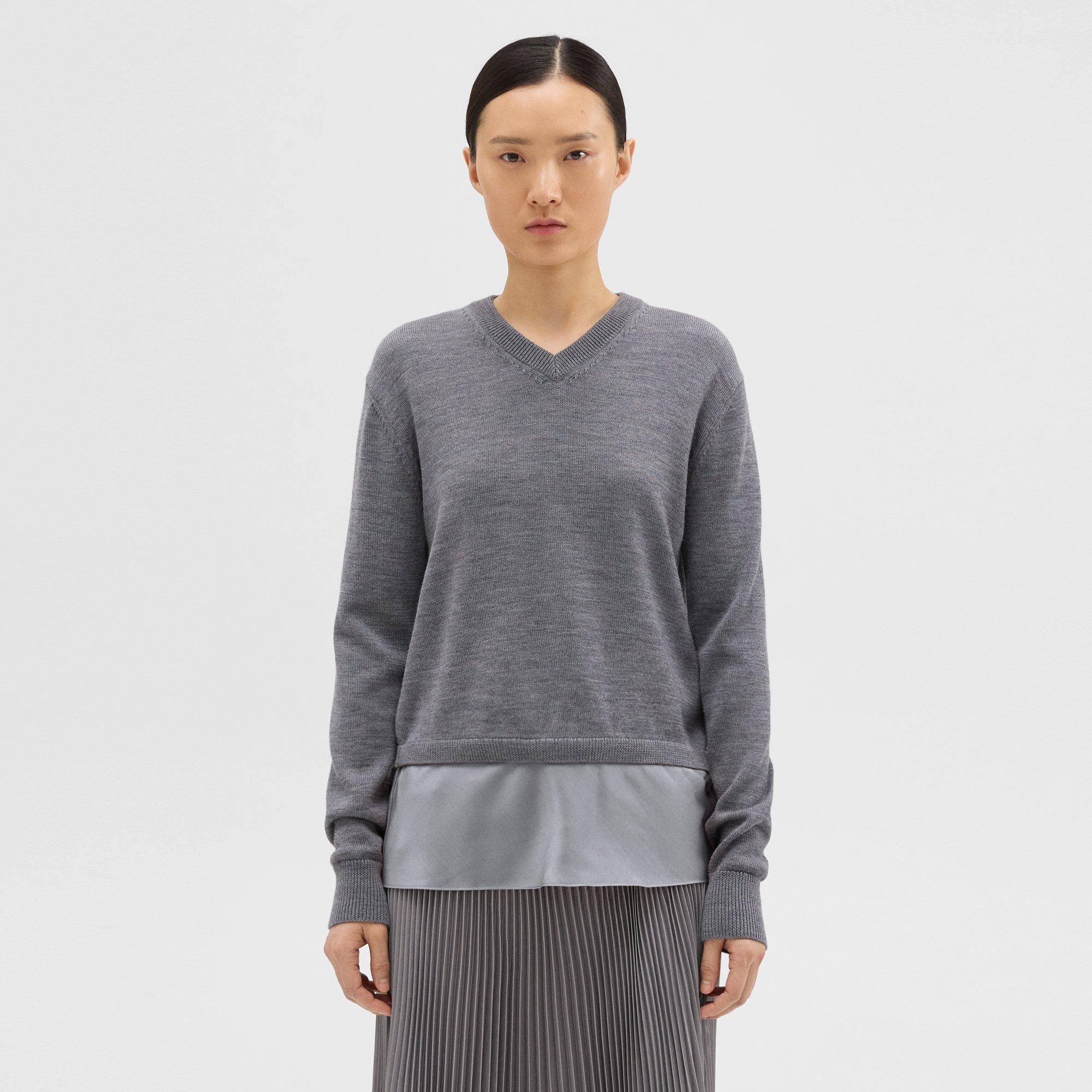 Theory Silk Georgette V-neck Combo Sweater In Dark Grey Melange/grey
