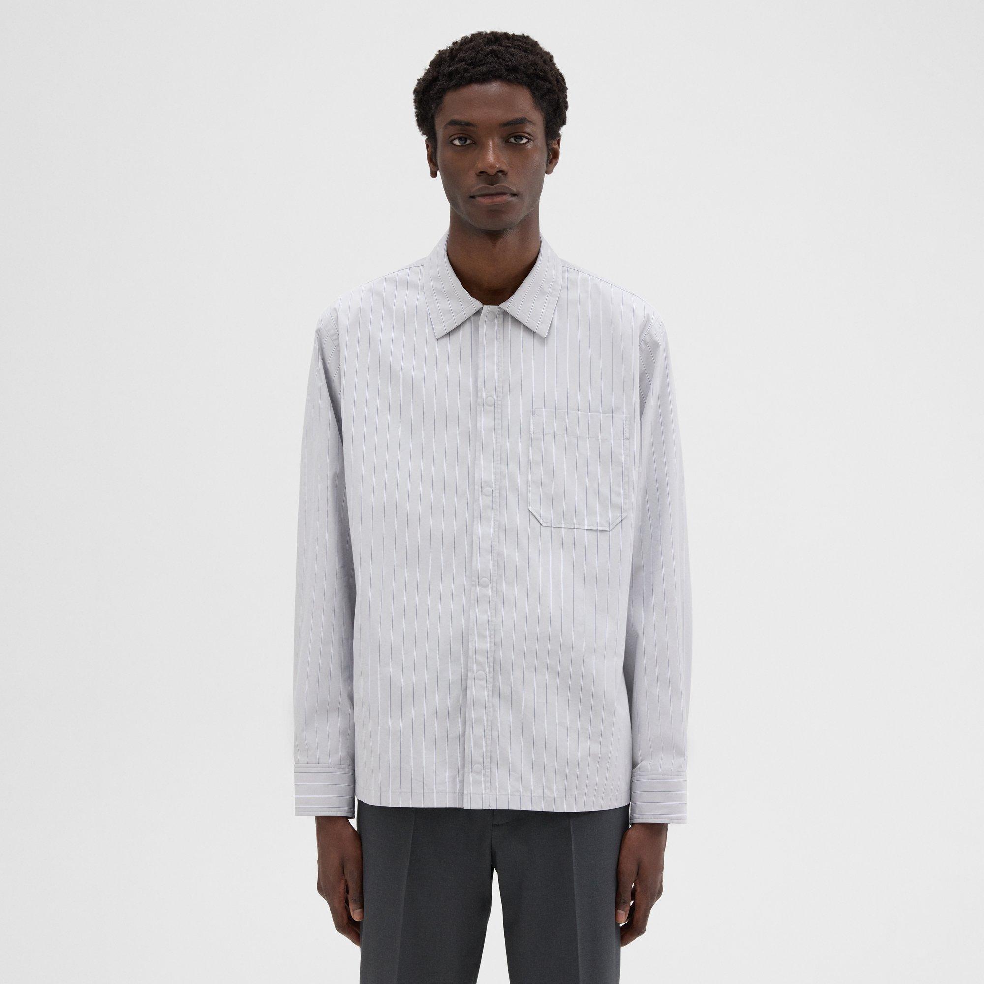 Theory Striped Cotton-blend Shirt Jacket In Lt Grey/ocean