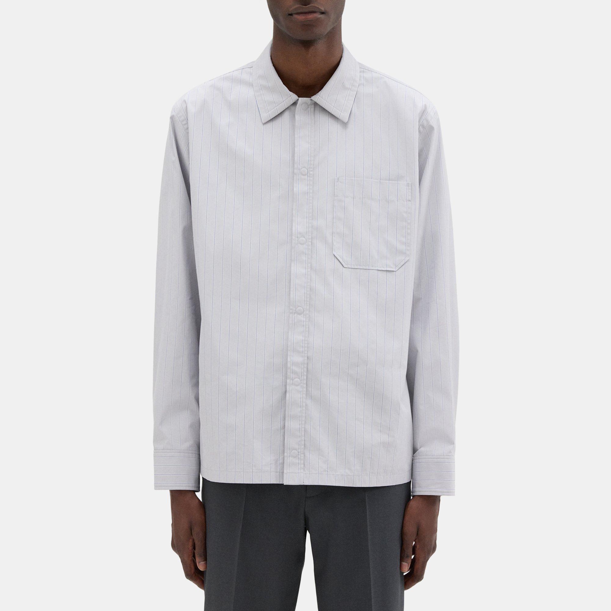 Theory Striped Cotton-blend Shirt Jacket In Lt Grey/ocean