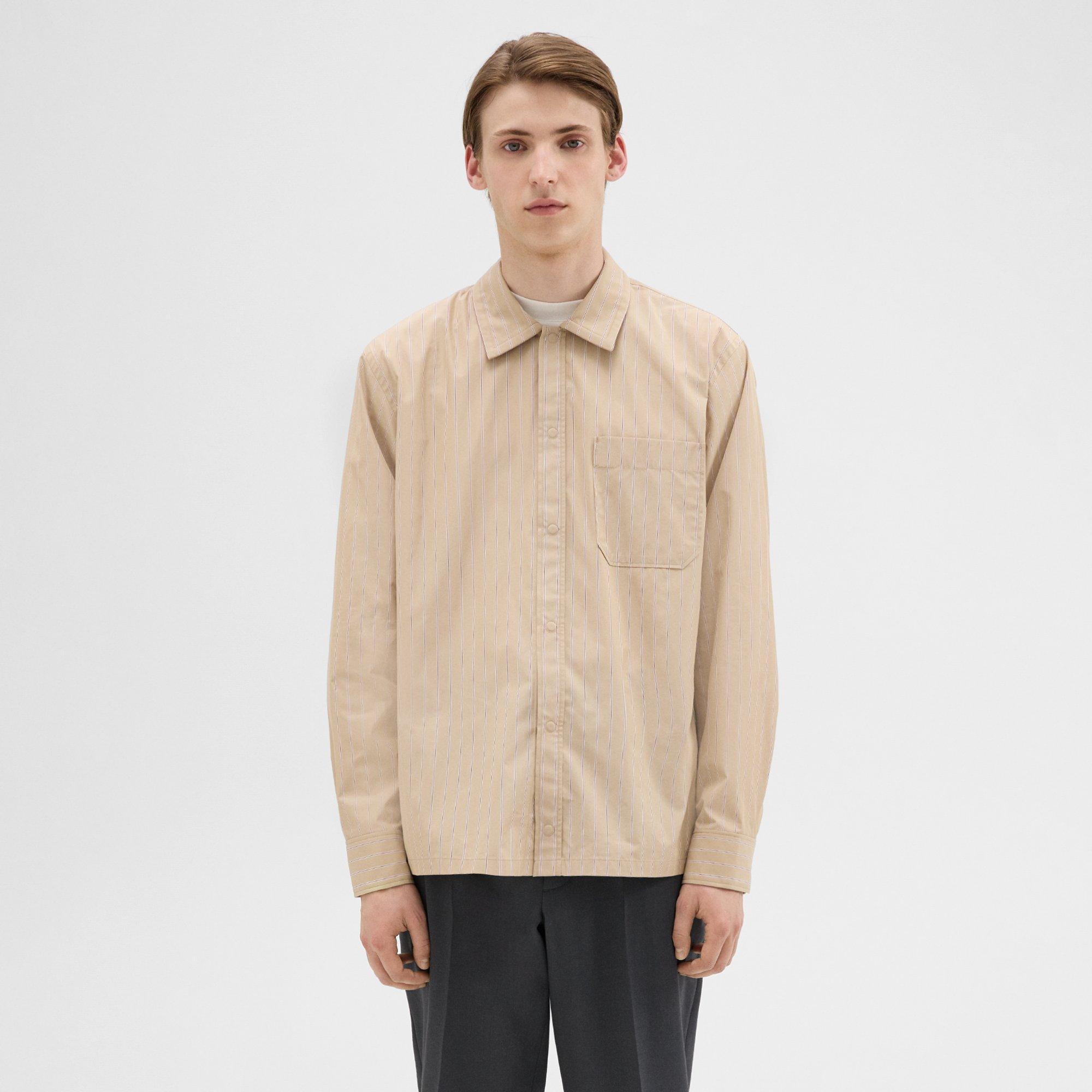 Theory Striped Cotton-blend Shirt Jacket In Camel/jewel