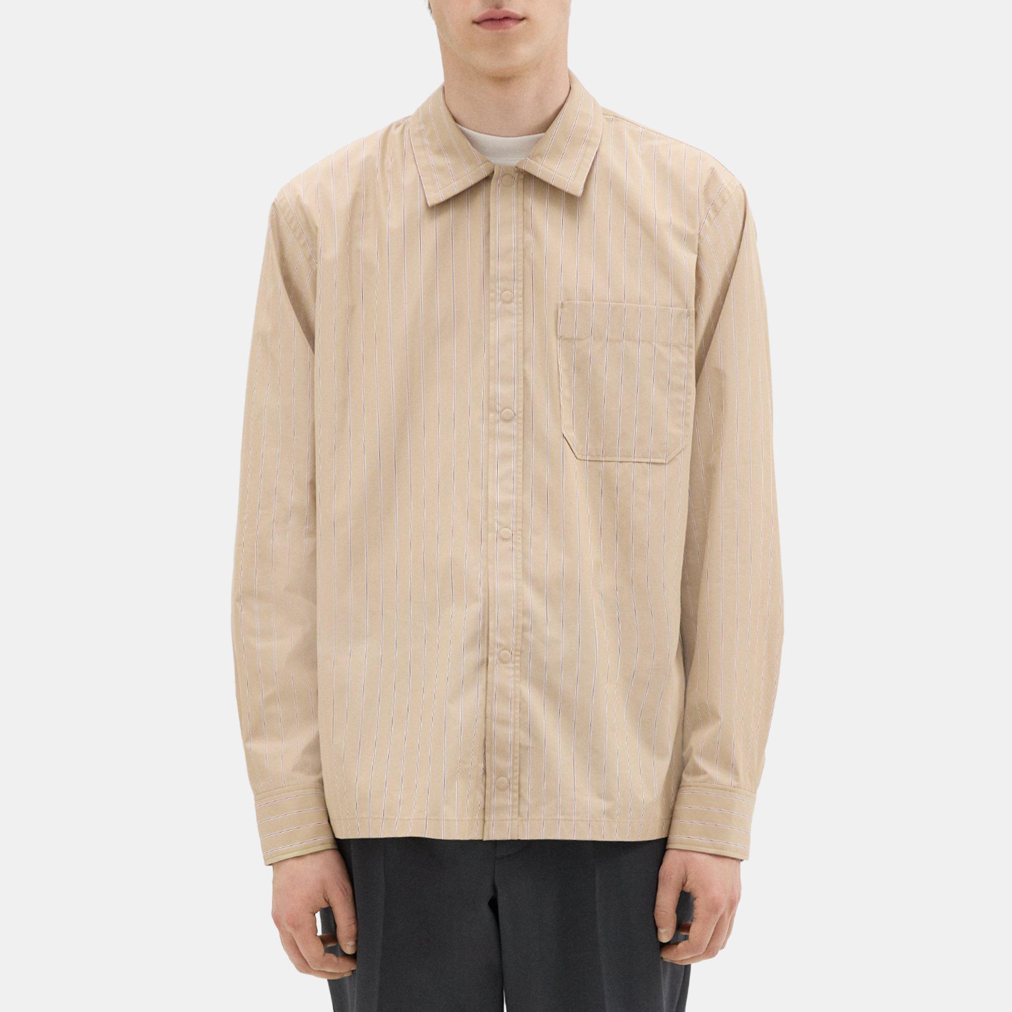 Theory Striped Cotton-blend Shirt Jacket In Camel/jewel