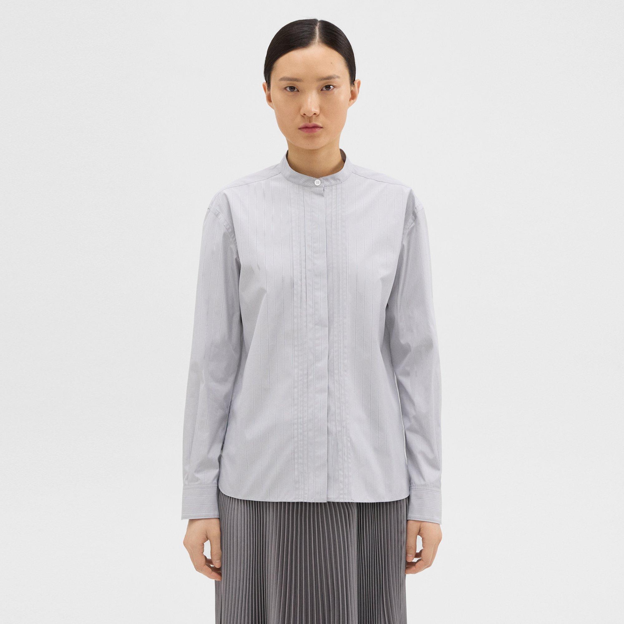 Theory Striped Cotton-blend Band Collar Shirt In Lt Grey/ocean