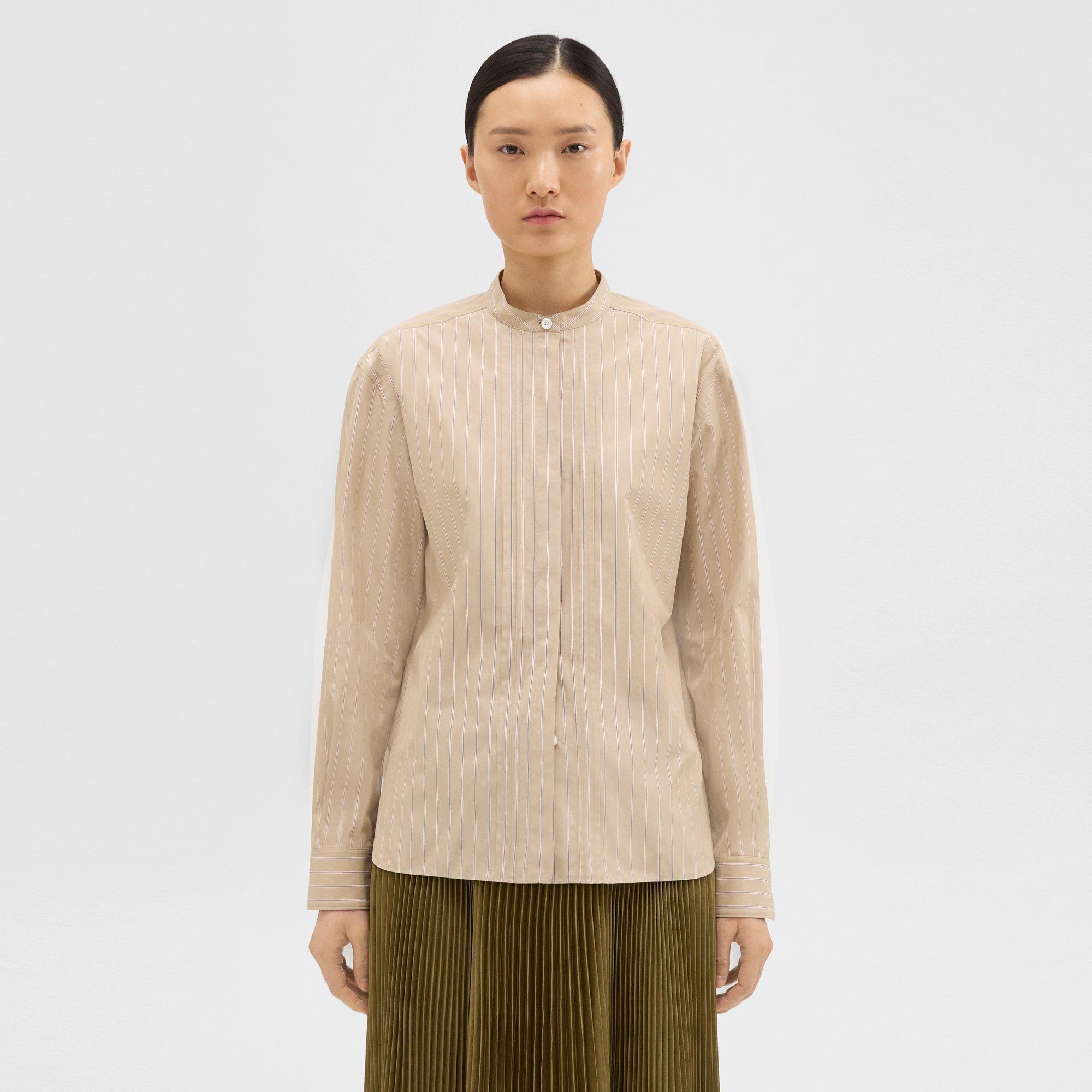 Theory Striped Cotton-blend Band Collar Shirt In Camel/jewel
