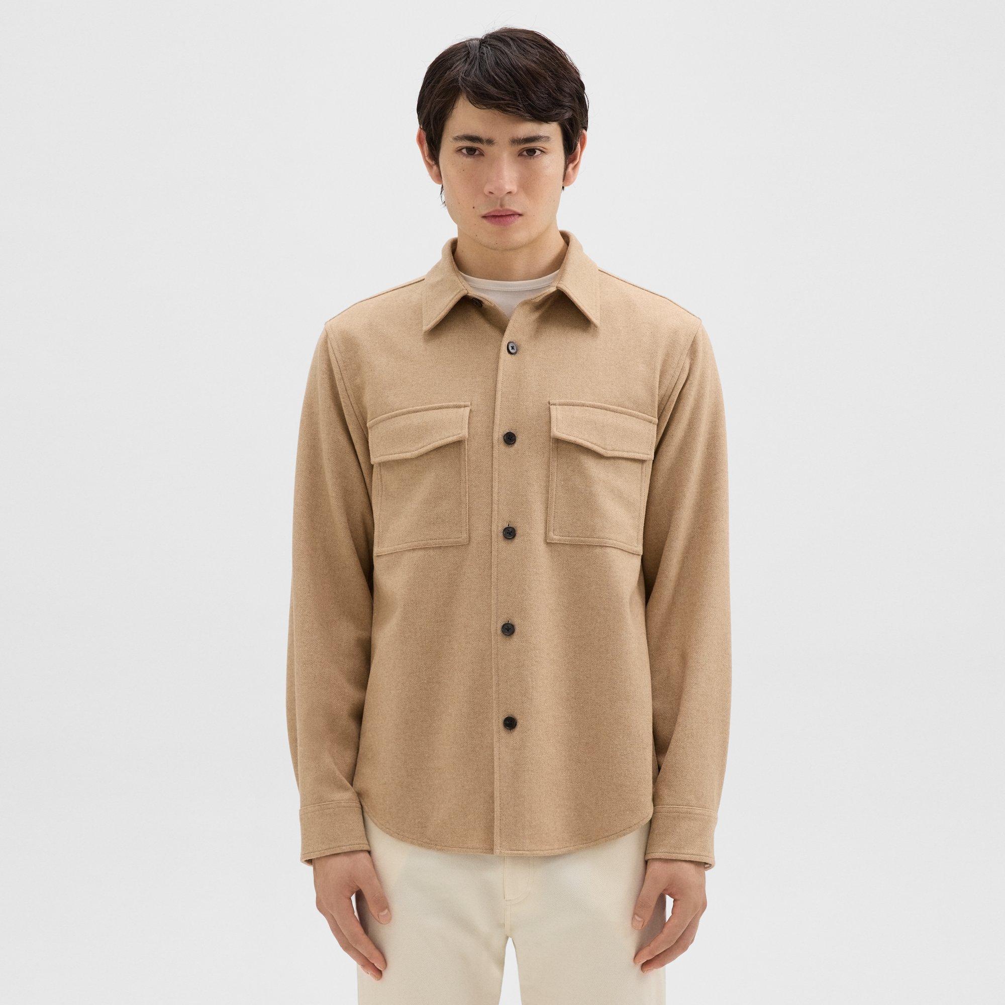Theory Garvin Shirt Jacket In Recycled Wool-blend Flannel In Tan