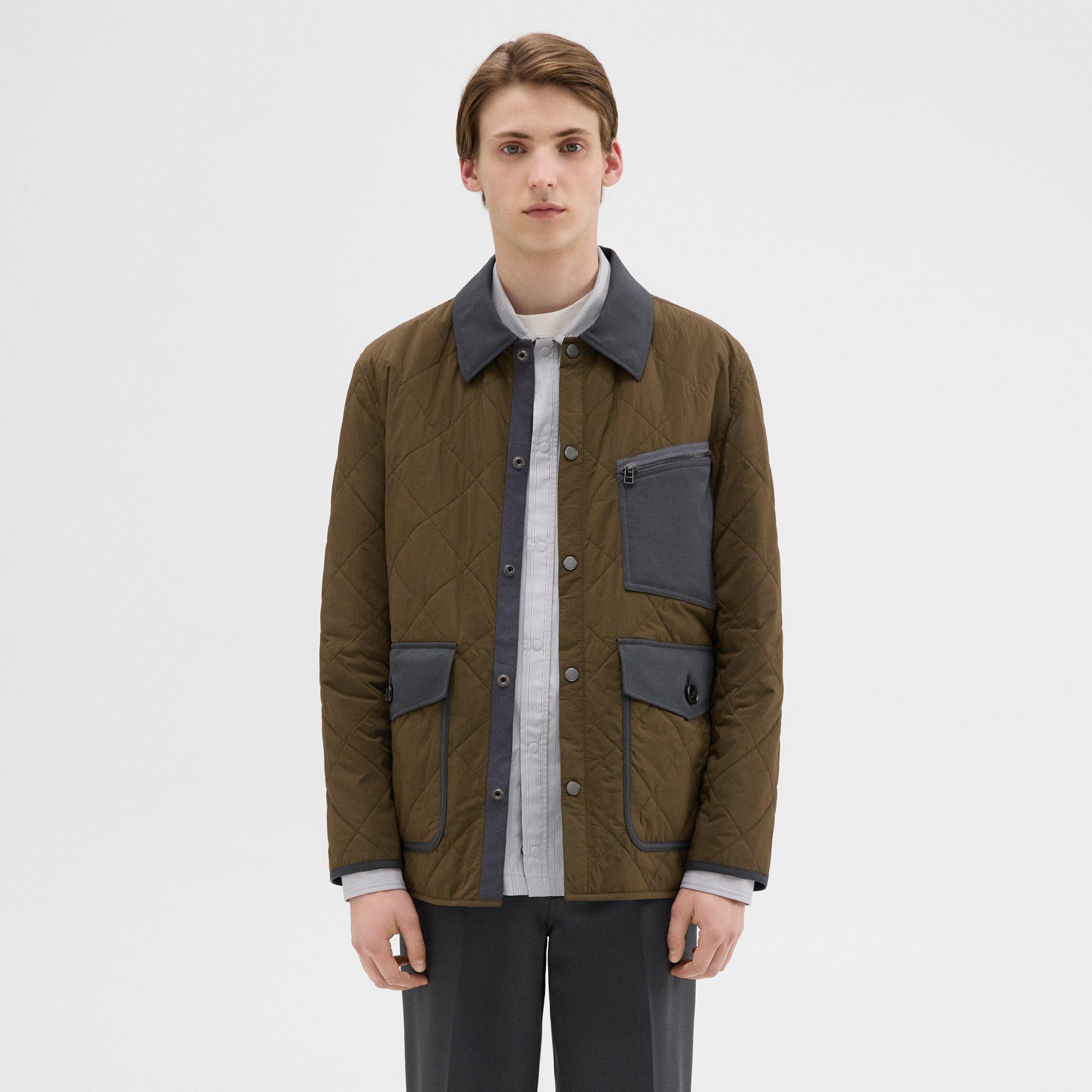 Theory Quilted Feather Nylon Barn Jacket In Olive