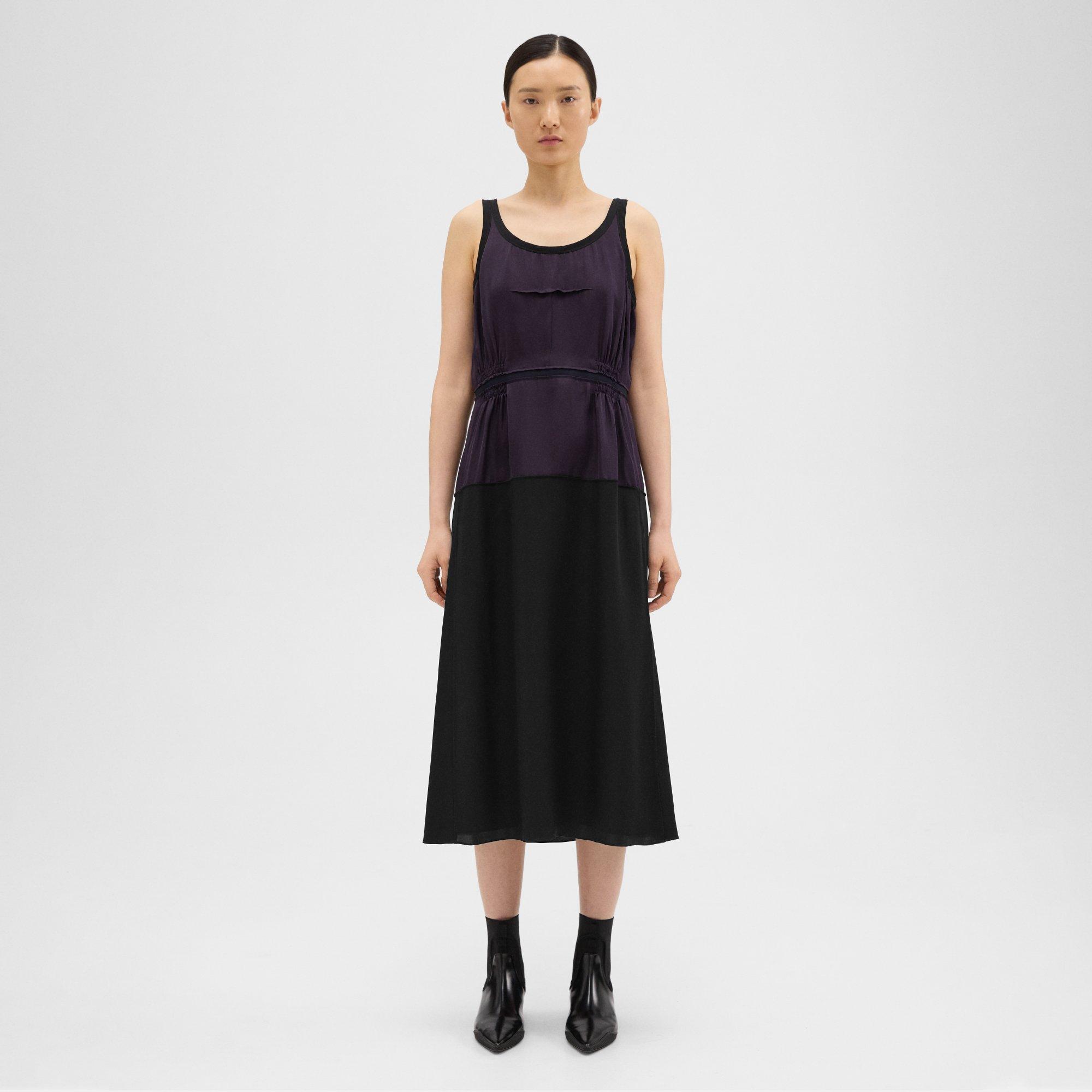 Theory Colorblock Silk Georgette Midi Dress In Aubergine/black