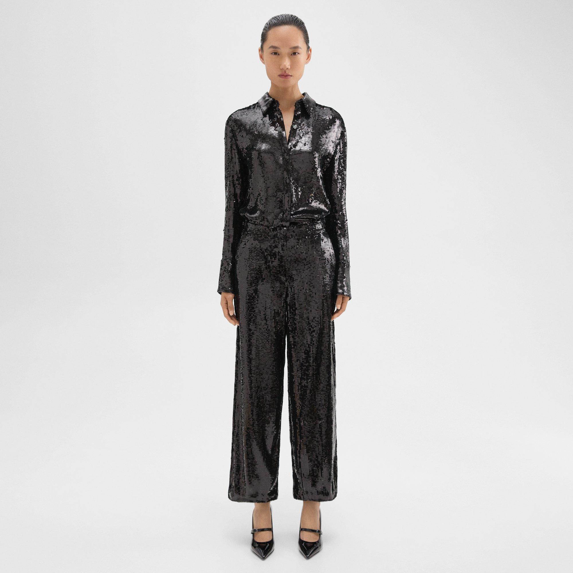 Theory Relaxed Straight Pant In Recycled Sequins In Black