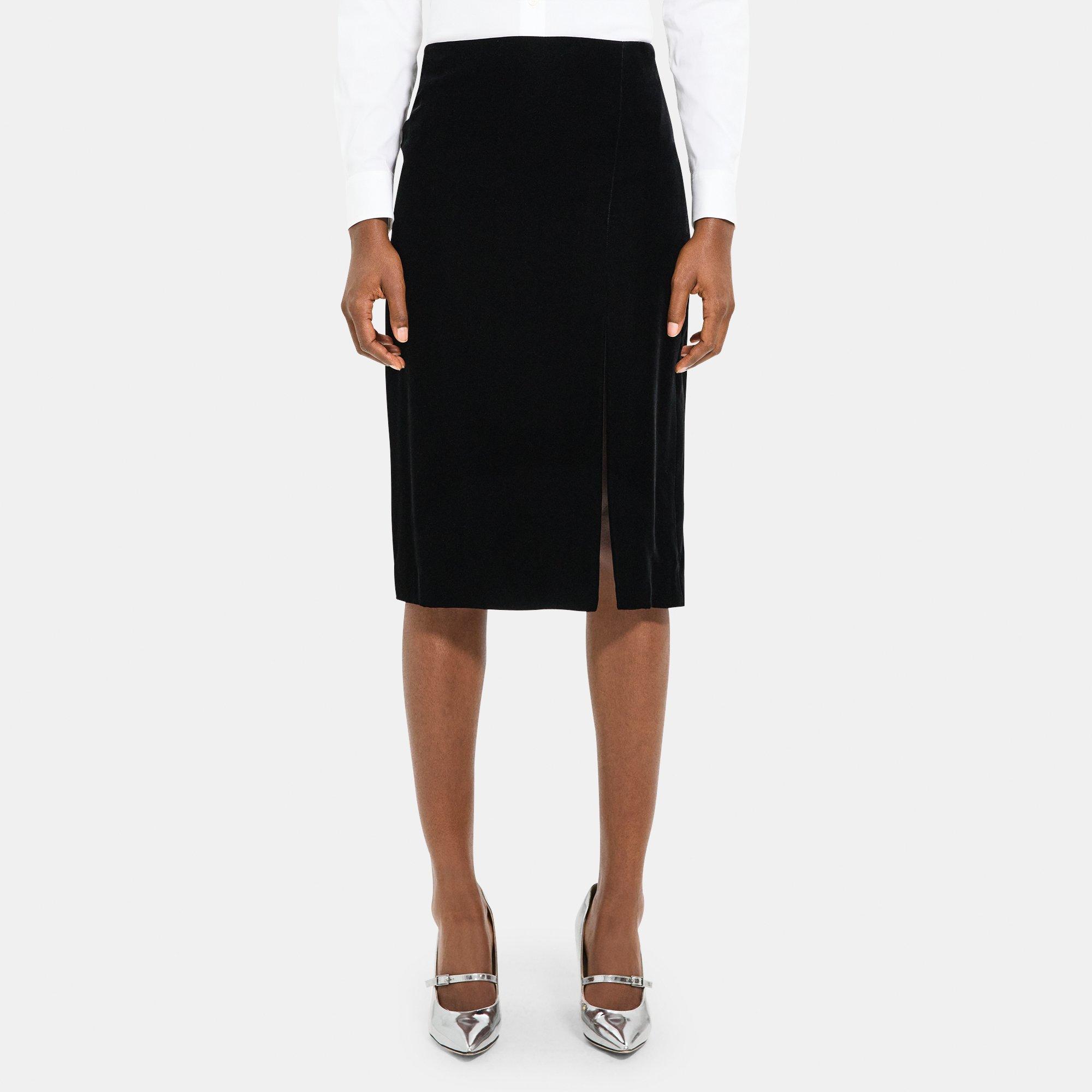 Theory Slit Pencil Skirt In Stretch Velvet In Black