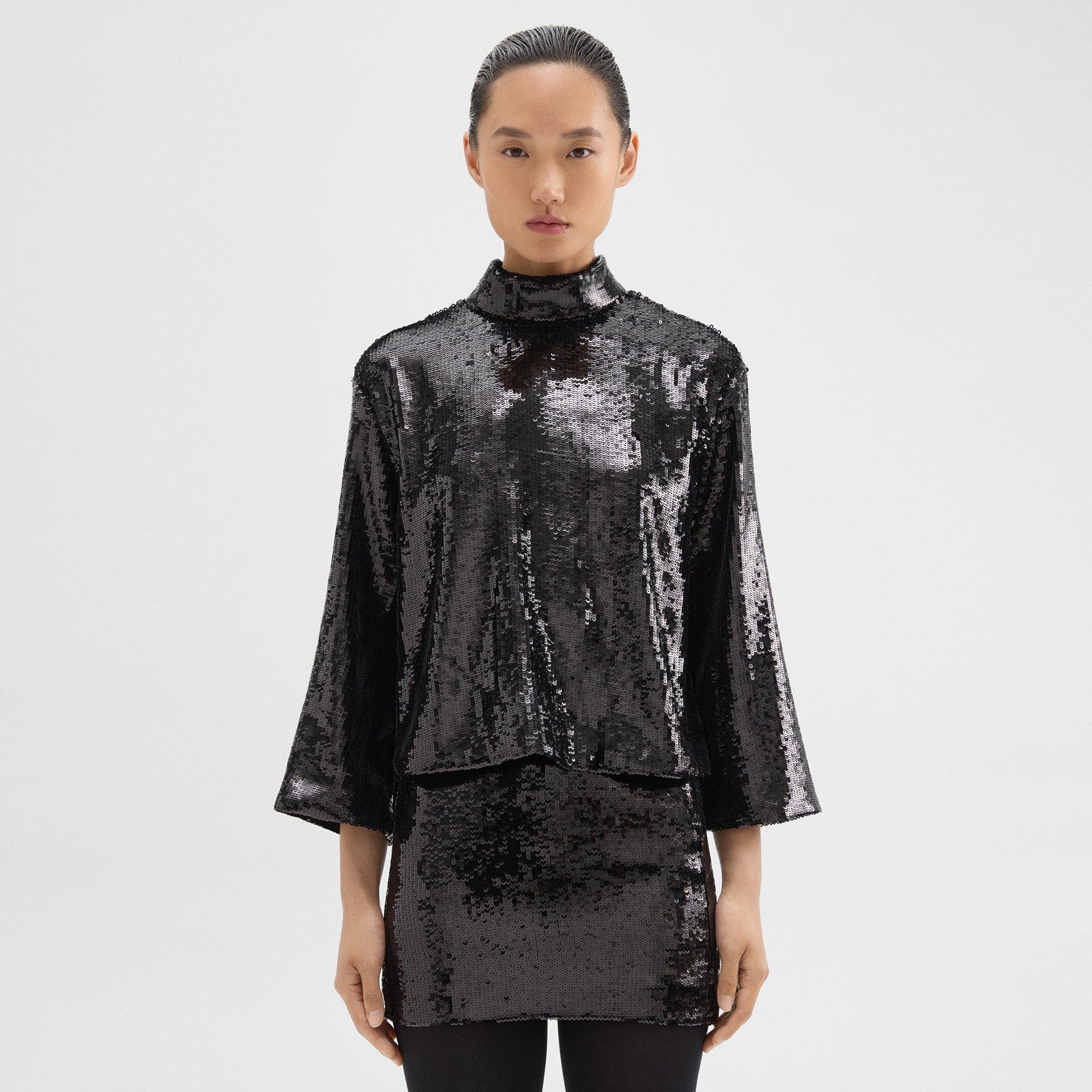 Theory Women's Fluid Sequin Long-sleeve Roll Neck Top In Black